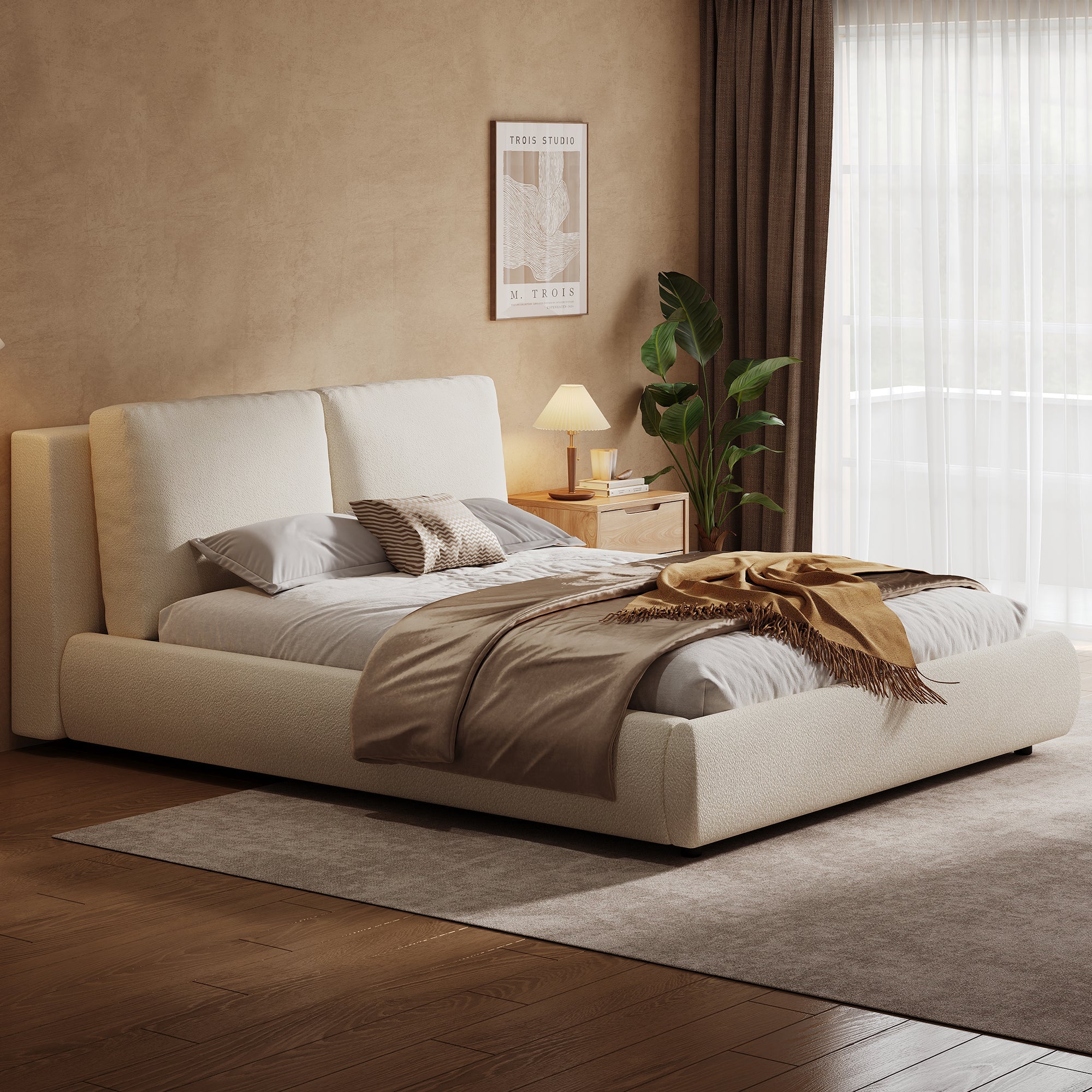 Logidon gestoffeerd bed 180x200 cm met opbergruimte en hydrauliek beige bouclé