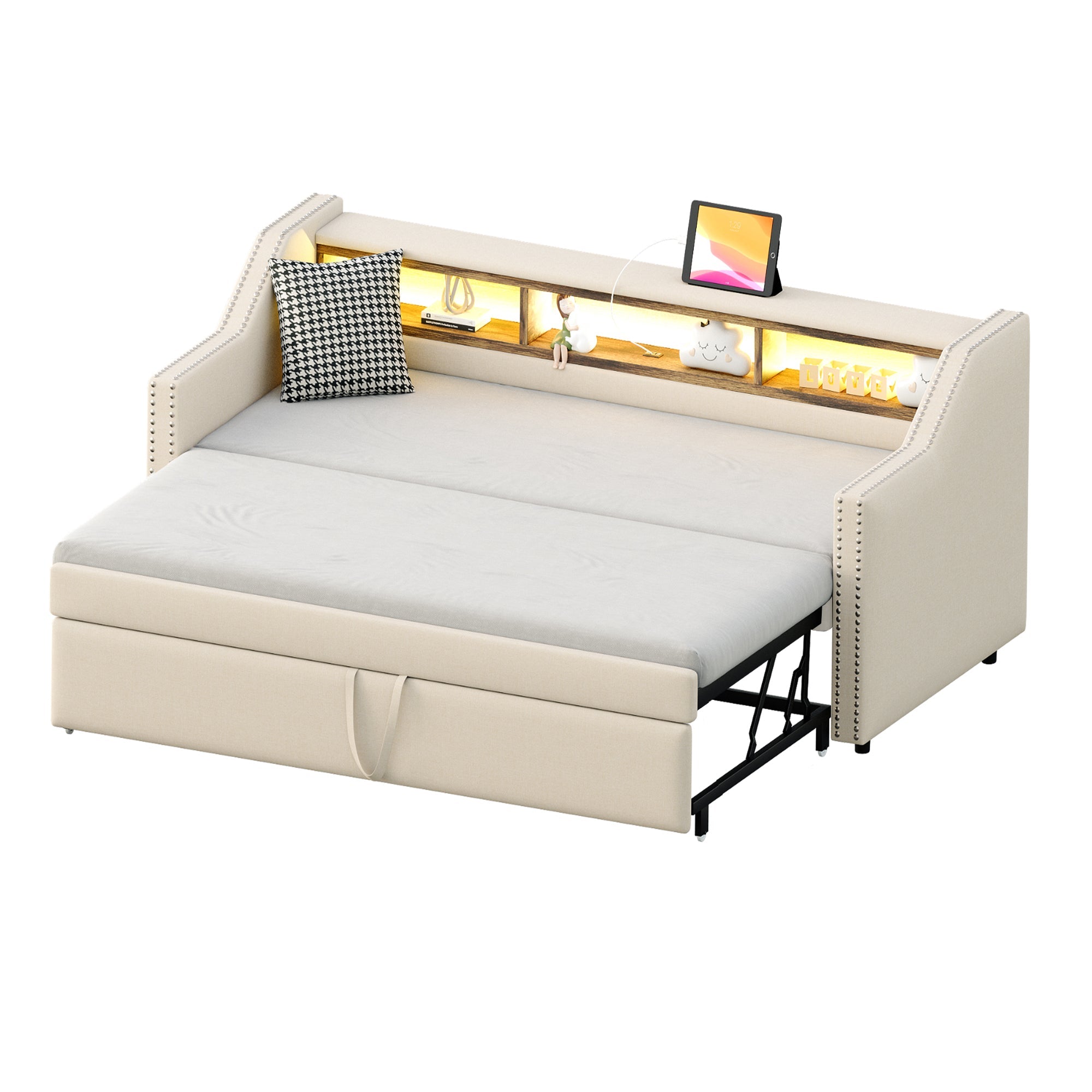 Logidon gestoffeerd bed uitschuifbare slaapbank 90/180 x 190 beige opbergvak