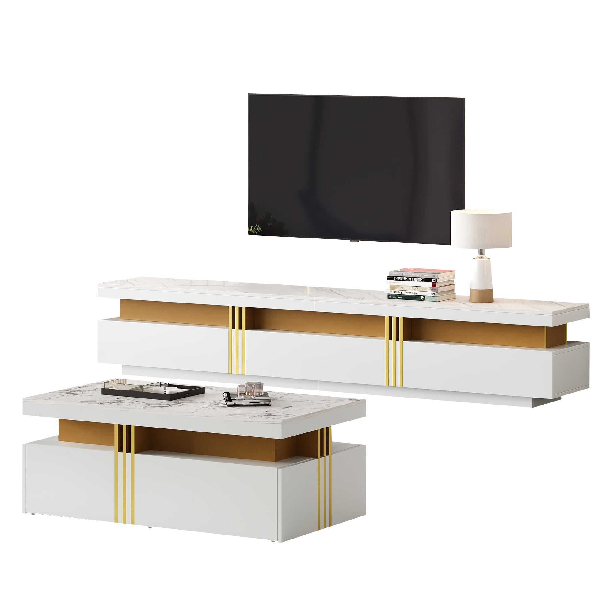 Logidon TV wandkastenset wit goud strepen multifunctioneel