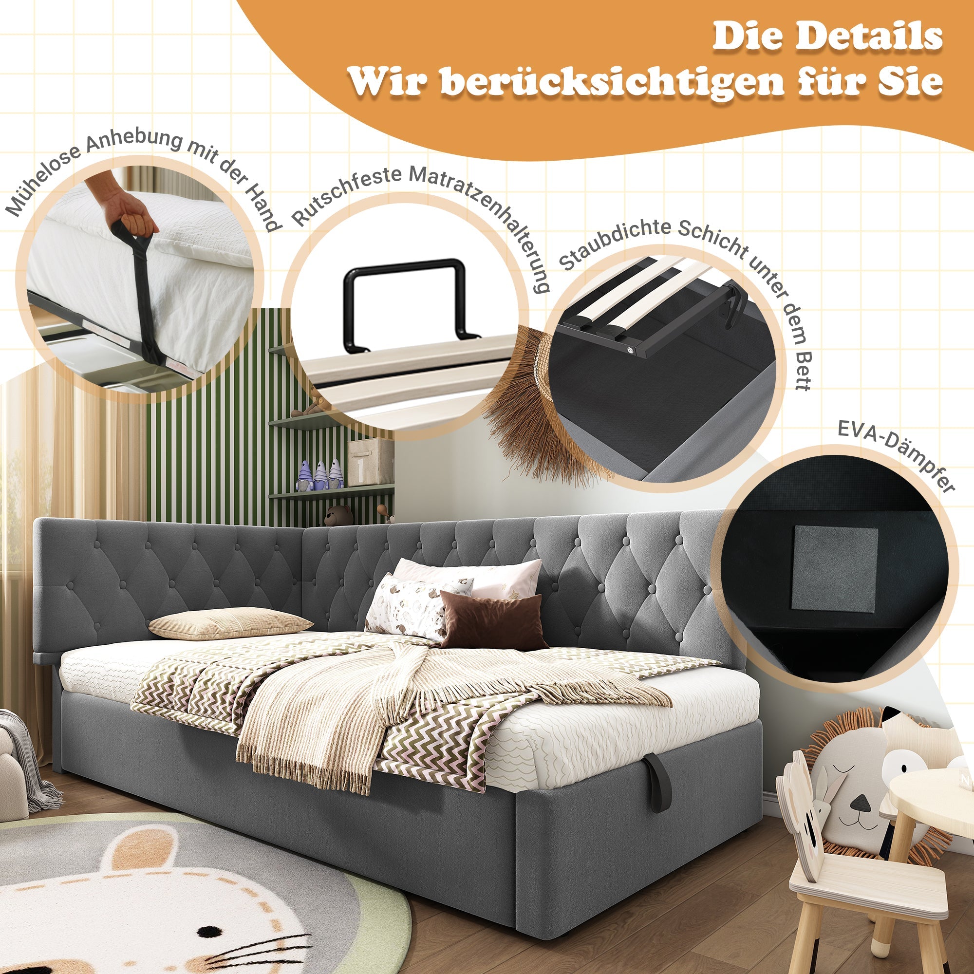 Logidon gestoffeerde dagbed 90x190 cm slaapbank met opbergruimte grijs