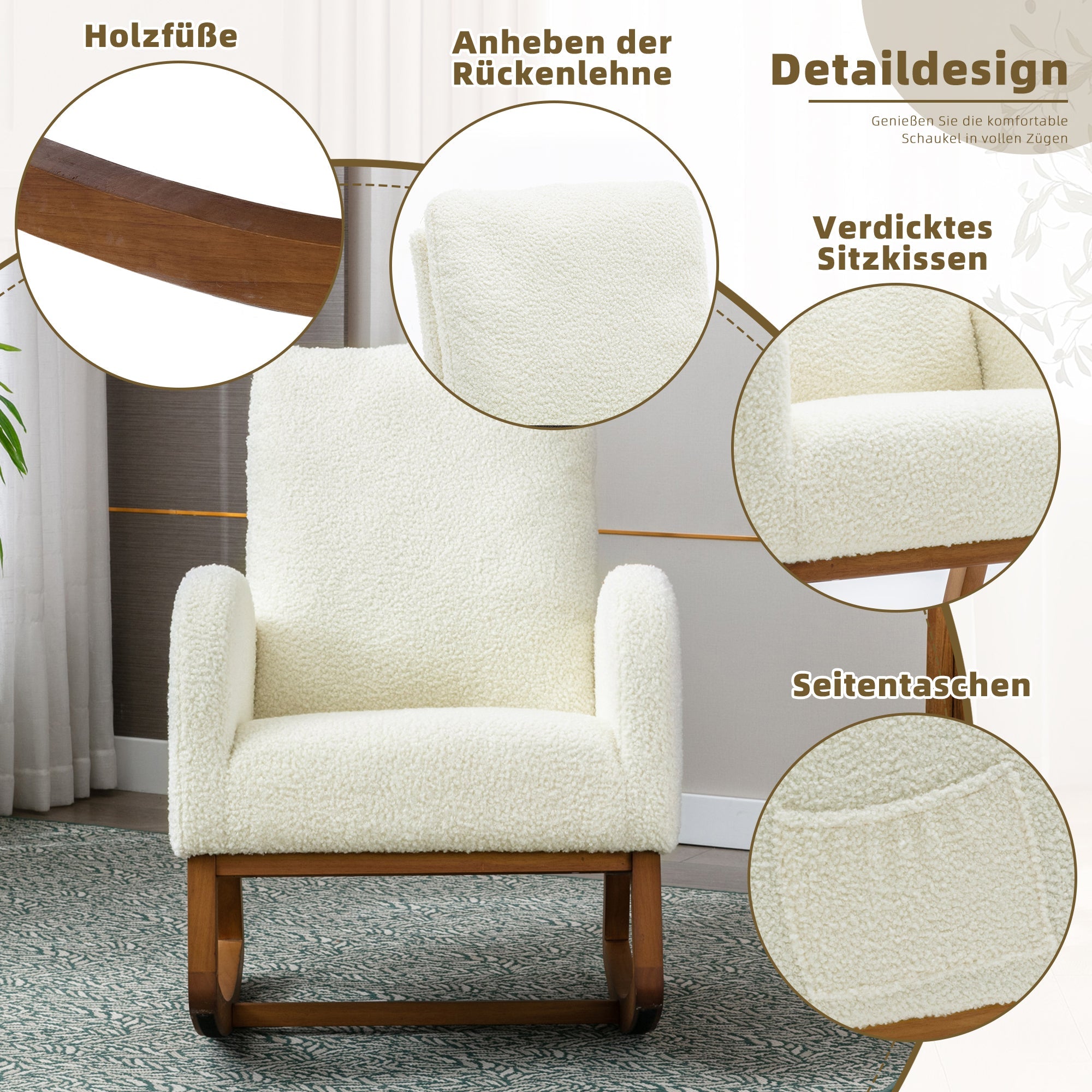 Logidon Fluwelen Witte Schommelstoel Mid Century Modern Gestoffeerd