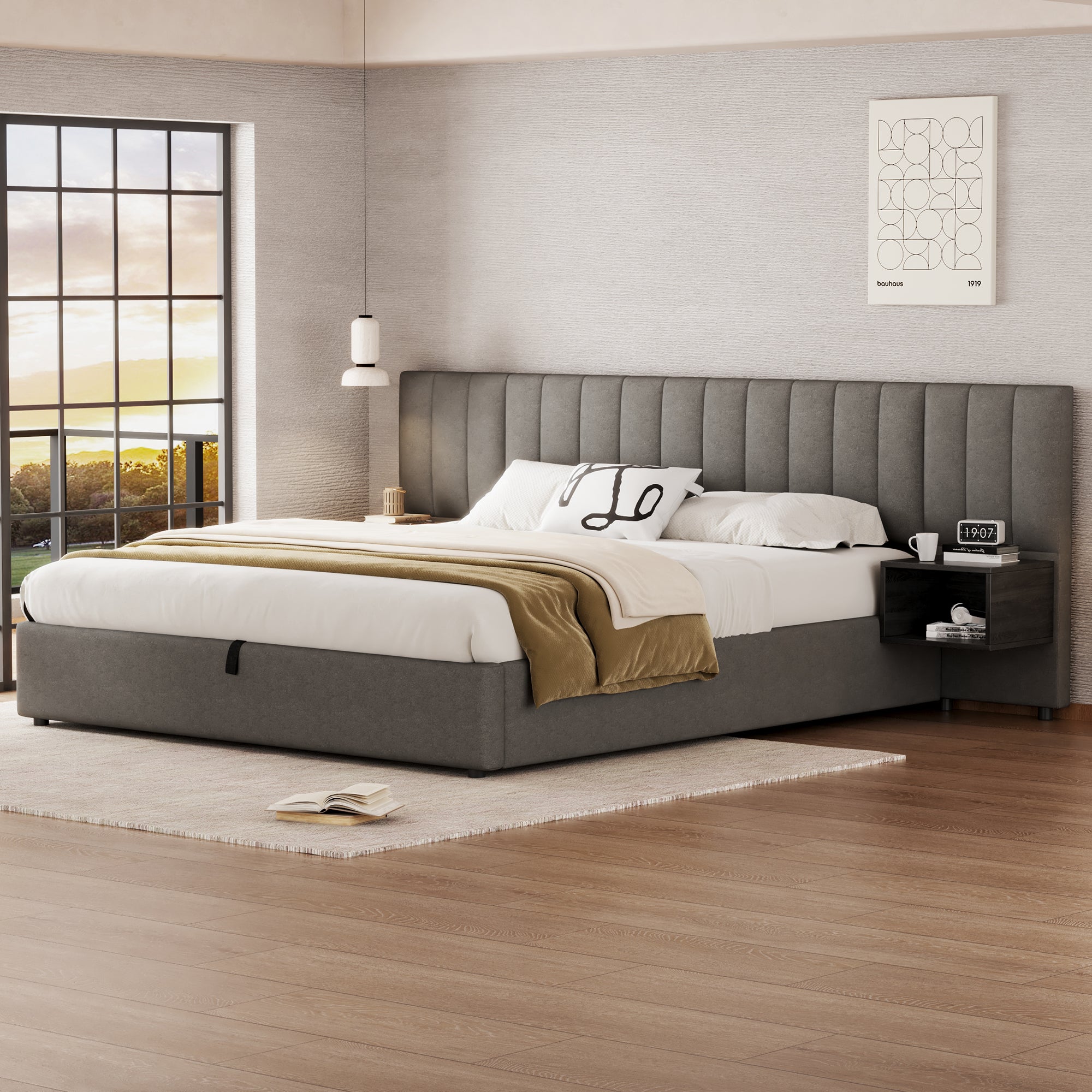 Logidon gestoffeerd bed 180x200 cm grijs zwart met twee nachtkastjes