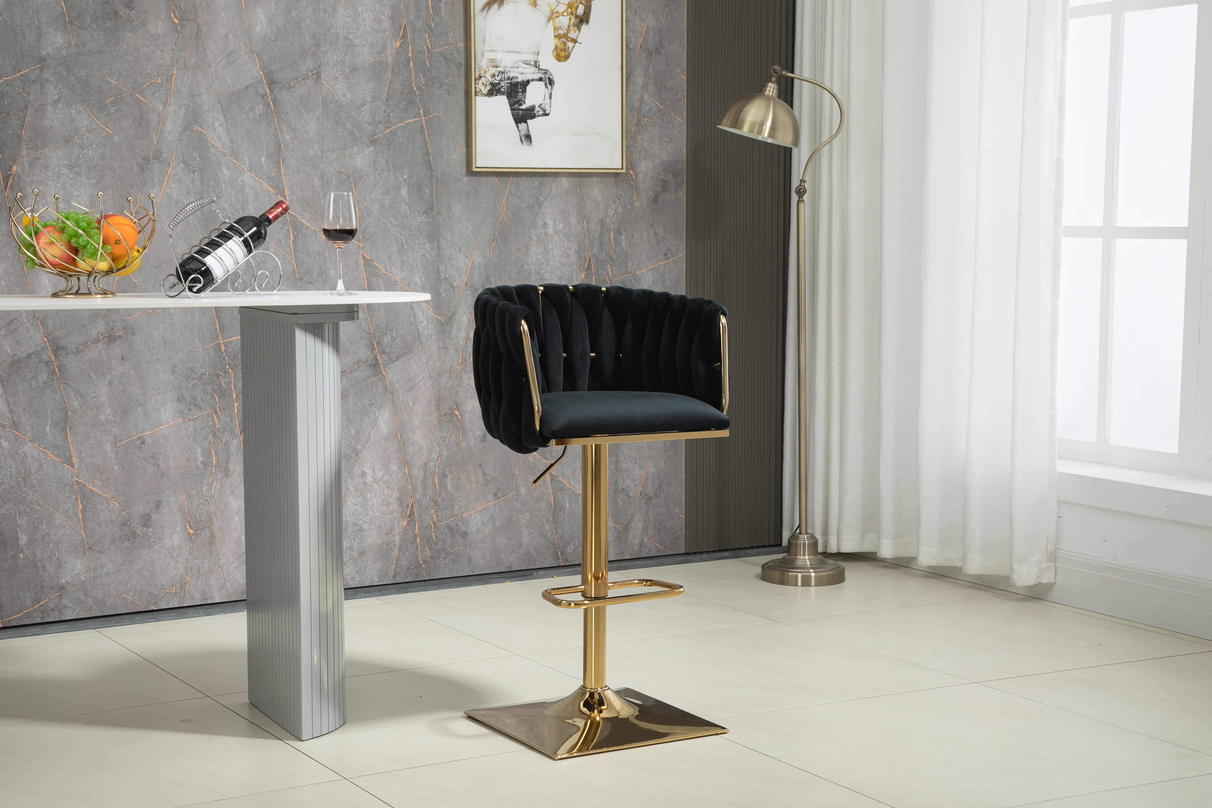 Logidon Vintage Bar Stool Velvet Black Adjustable Height Rotatable