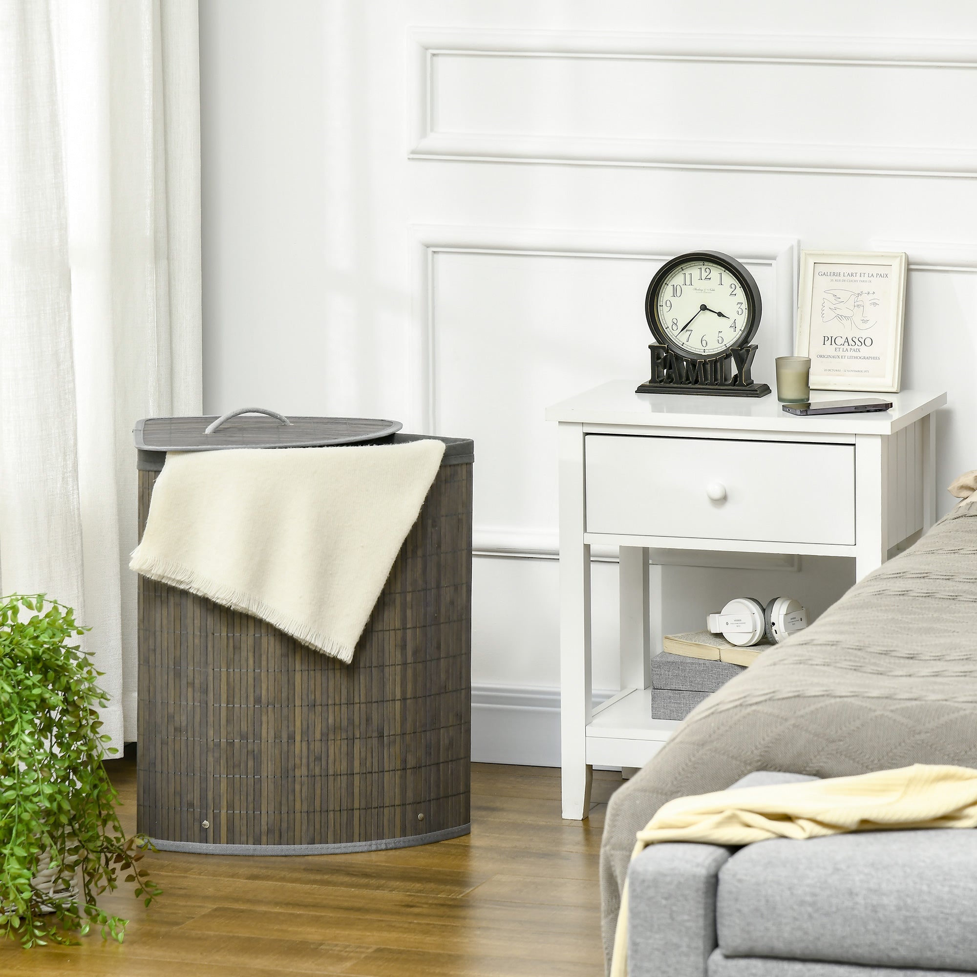 Logidon Vierkante Bamboe Wasmand 55L Grijs 38x38x57 cm Met Deksel Binnenzak