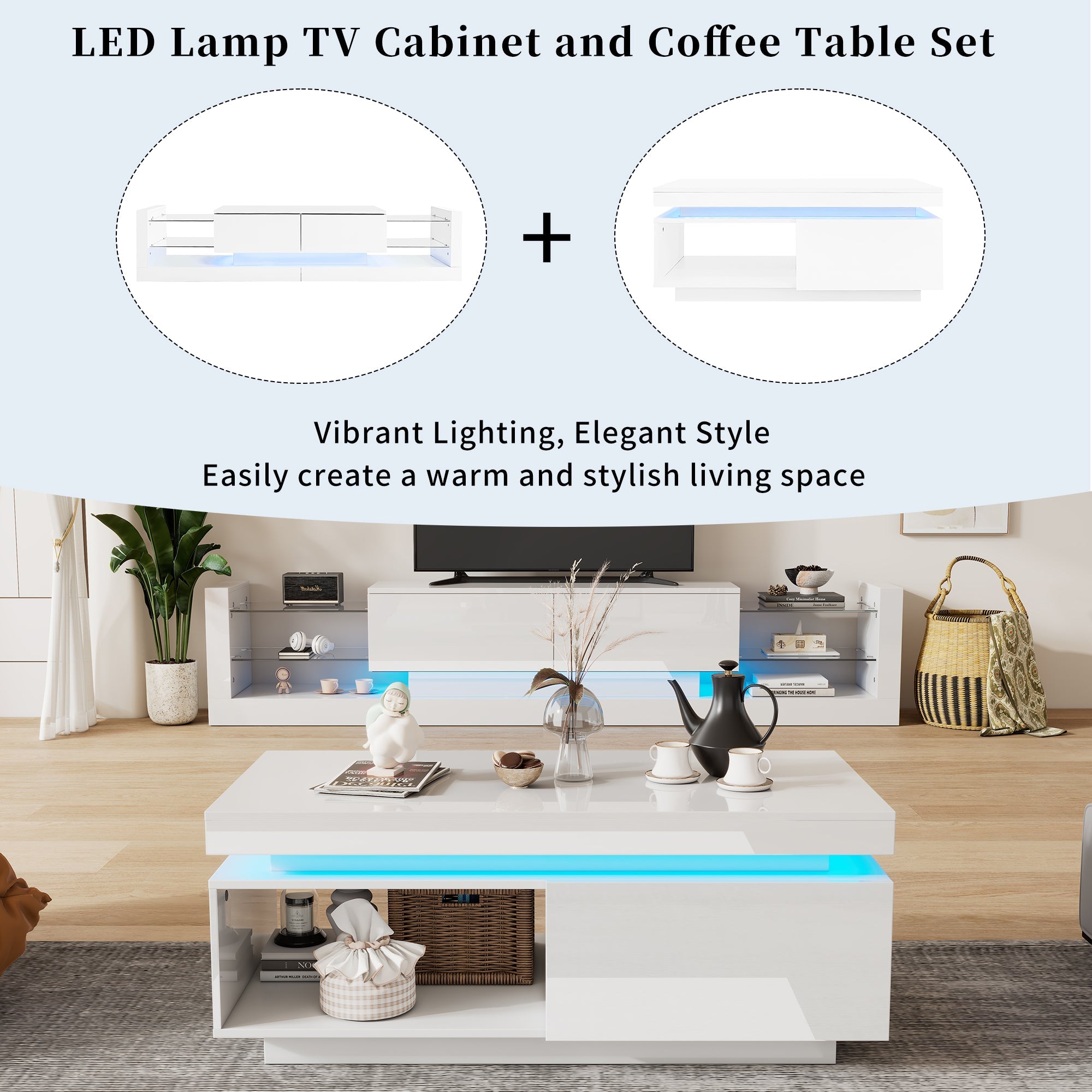 Logidon high gloss TV set white with LED lighting coffee table