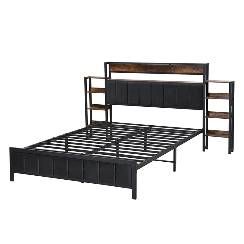 Logidon metalen bed 140x200 met opbergruimte USB-poorten zwart walnoot