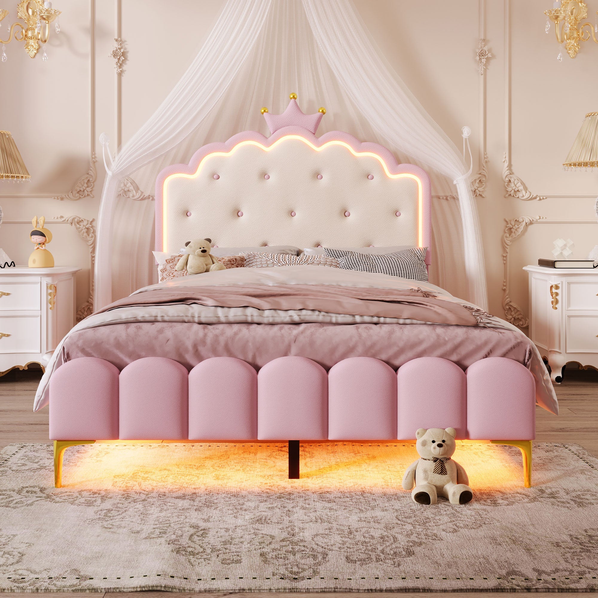 Logidon gestoffeerd bed 140x200 roze met lattenbodem LED-verlichting