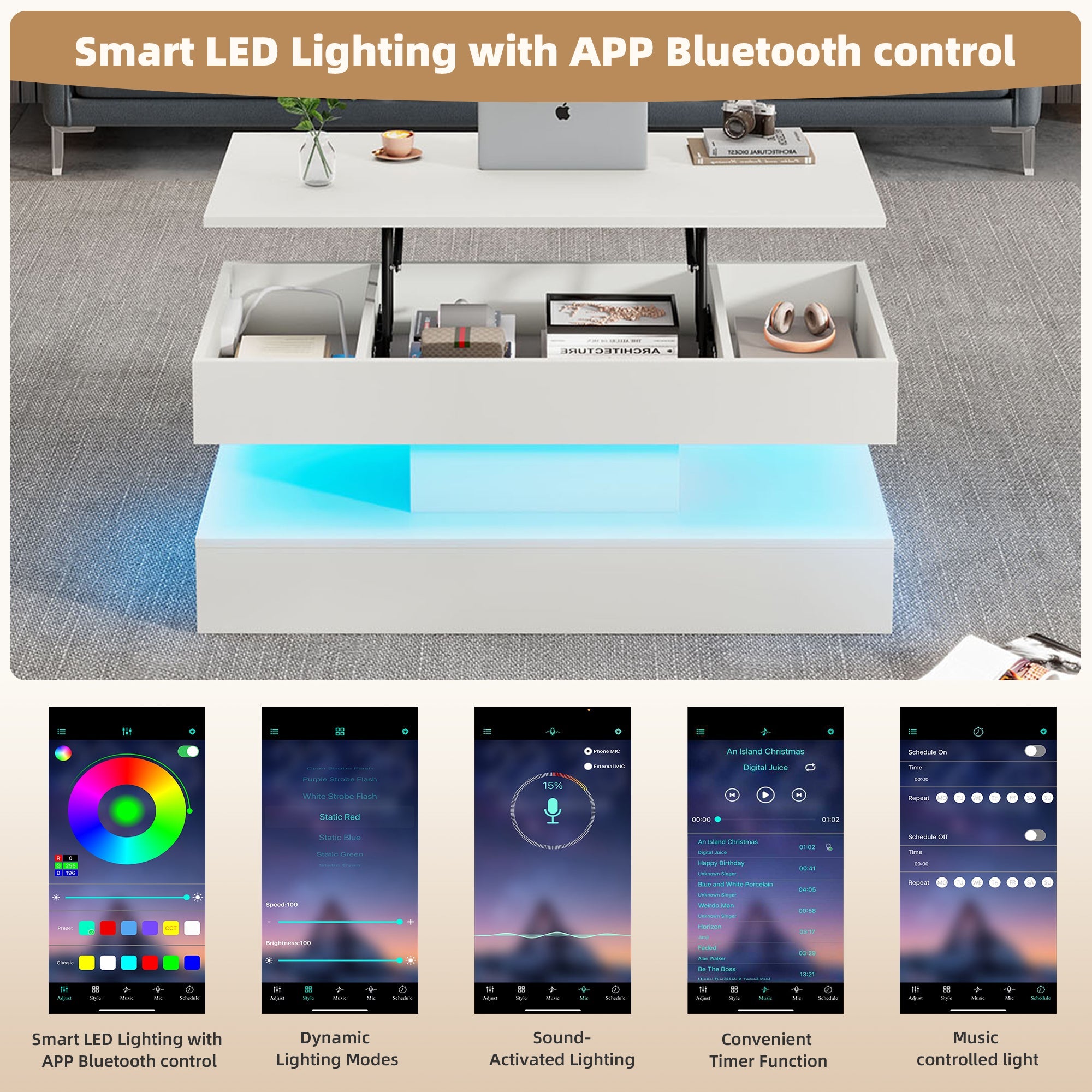 Logidon salontafel LED-verlichting en opbergruimte wit 100x50 cm