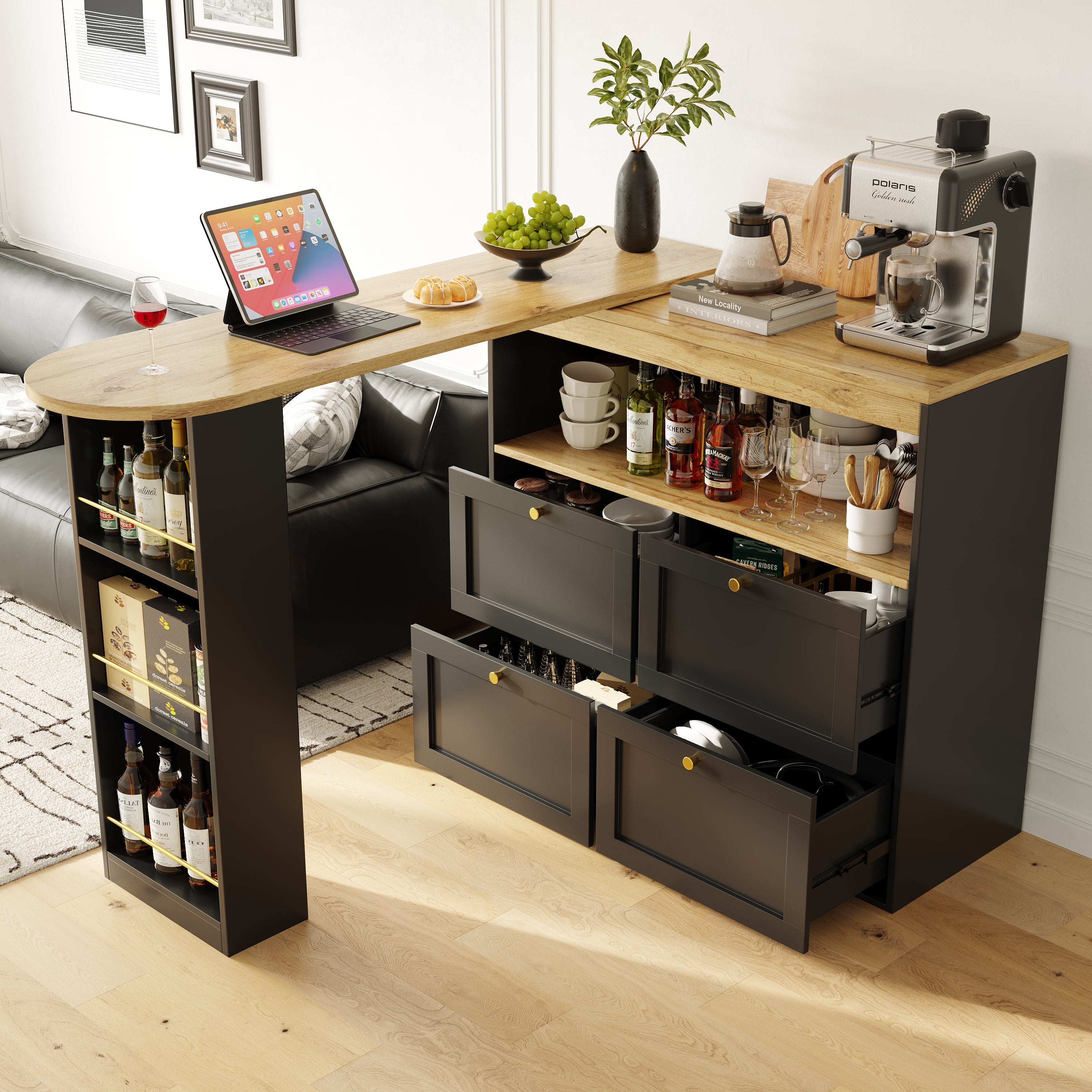 Logidon 360 graden draaibare eetbar zwart 138 cm - 4 lades