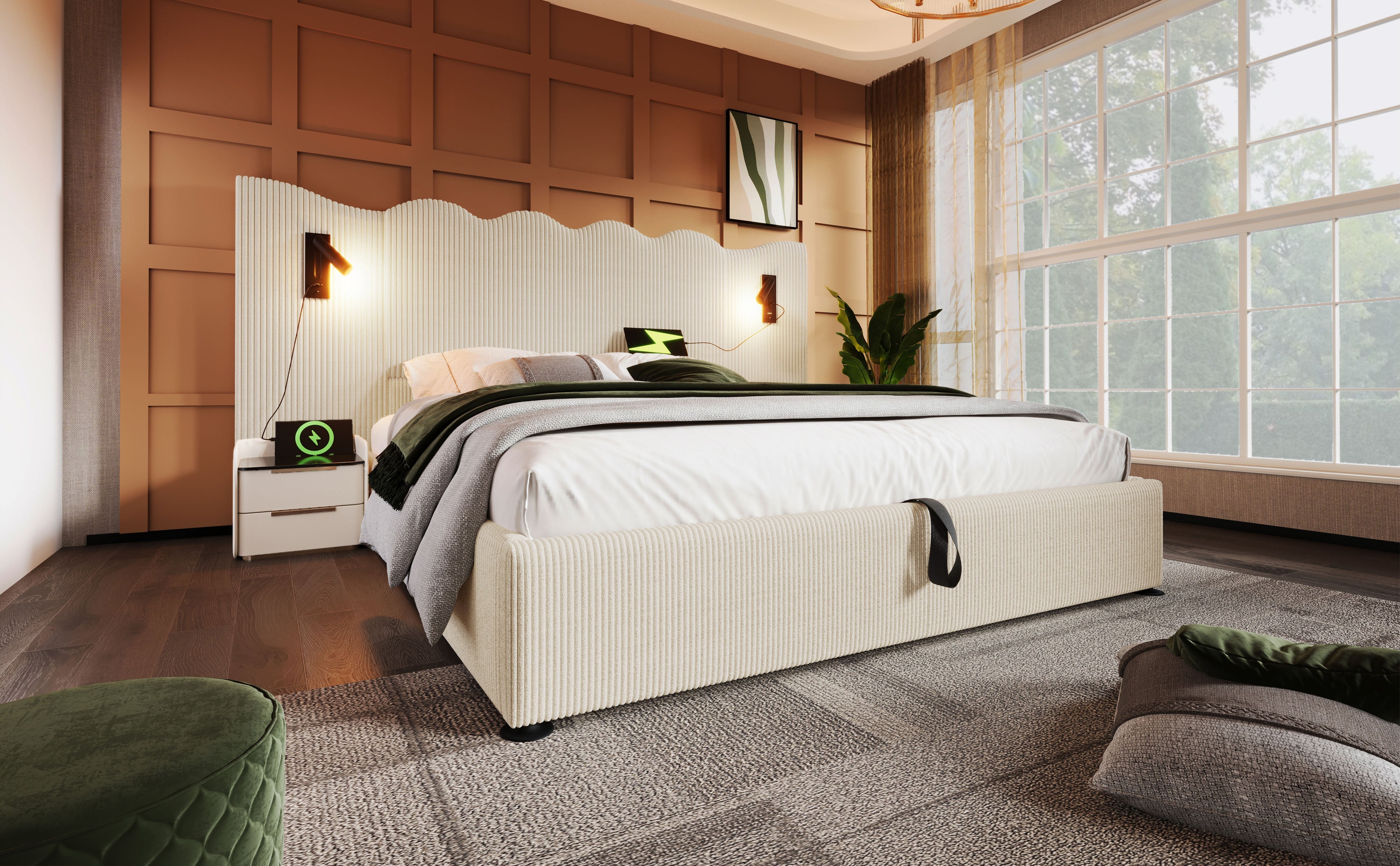 Logidon upholstered bed 160x200 beige with reading lamp USB charging function