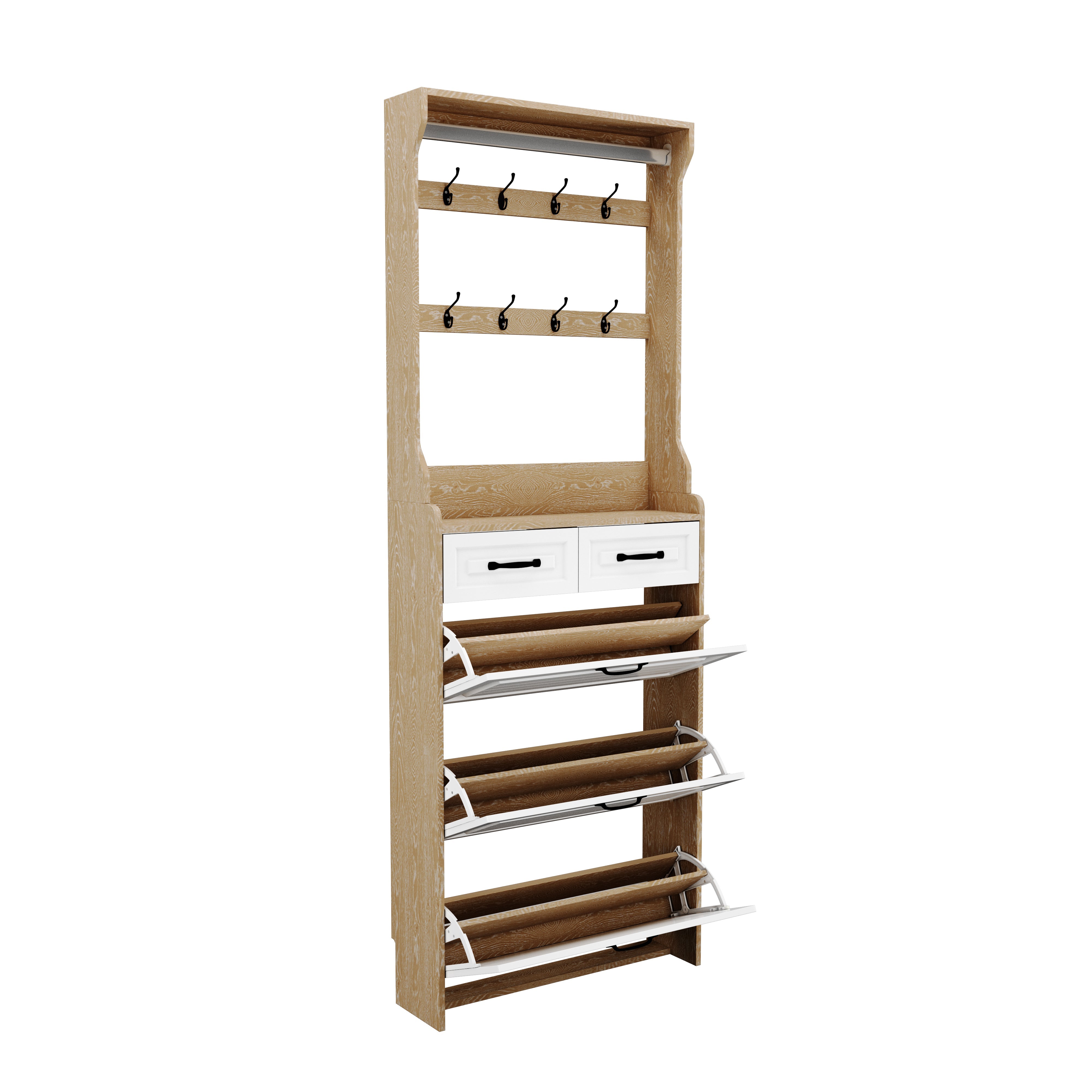Logidon schoenenkast wit eiken look met haken 3 deuren 2 lades