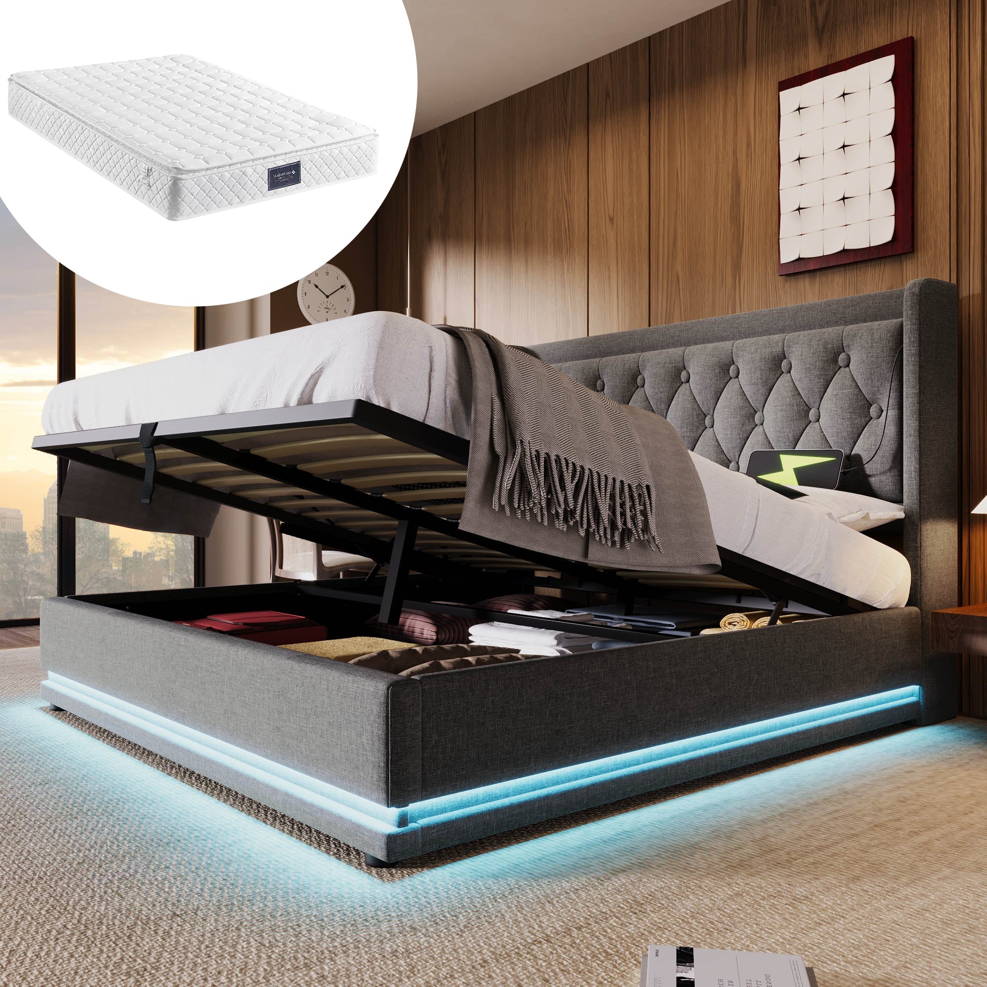 Logidon gestoffeerd bed 160x200 cm grijs fluweel opbergruimte USB-C oplaadfunctie