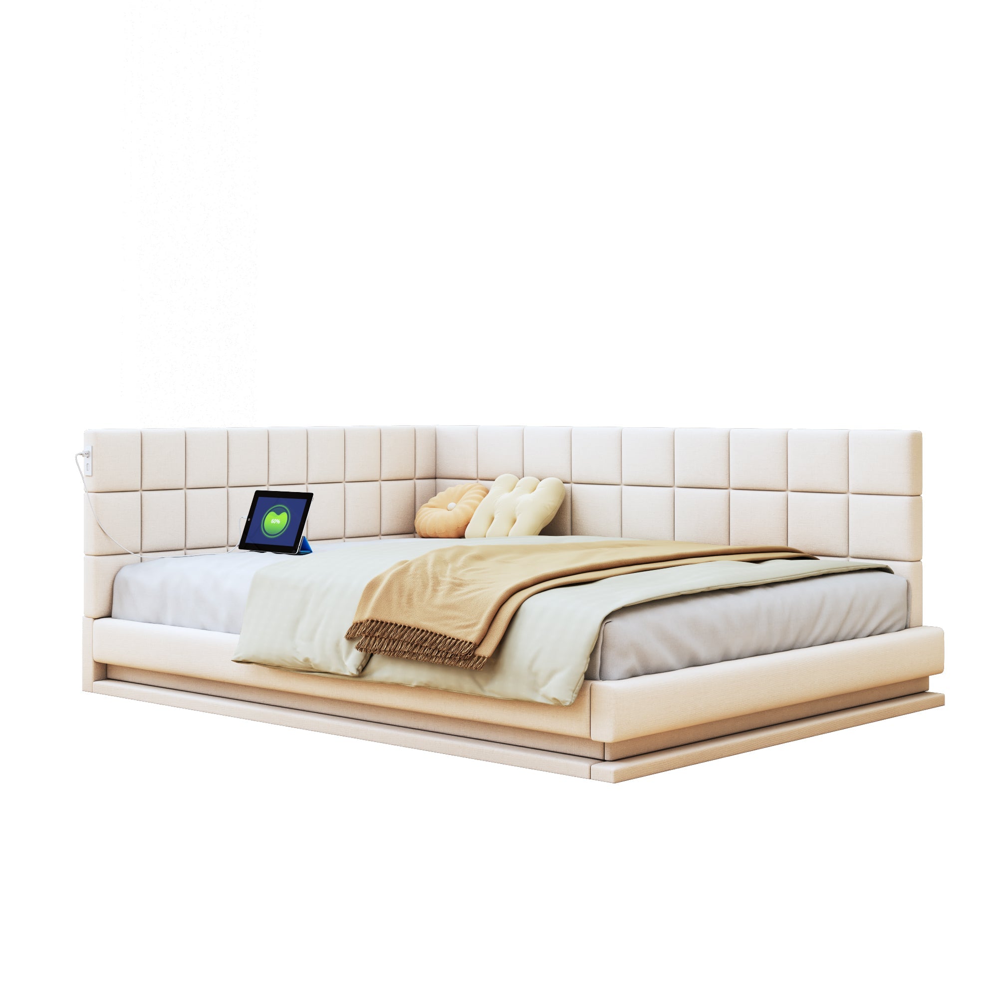 Logidon slaapbank gestoffeerd bed 140x200 beige met LED lichtstrip
