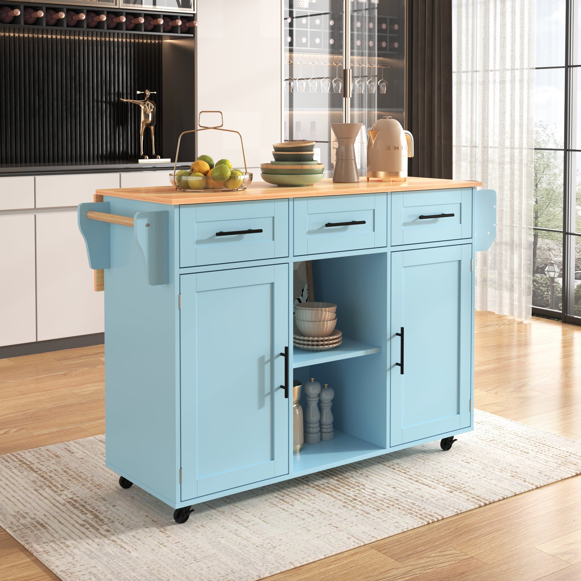 Logidon Eetwagen Blauw Massief Houten Werkblad Opvouwbaar 139x46x91,5 cm