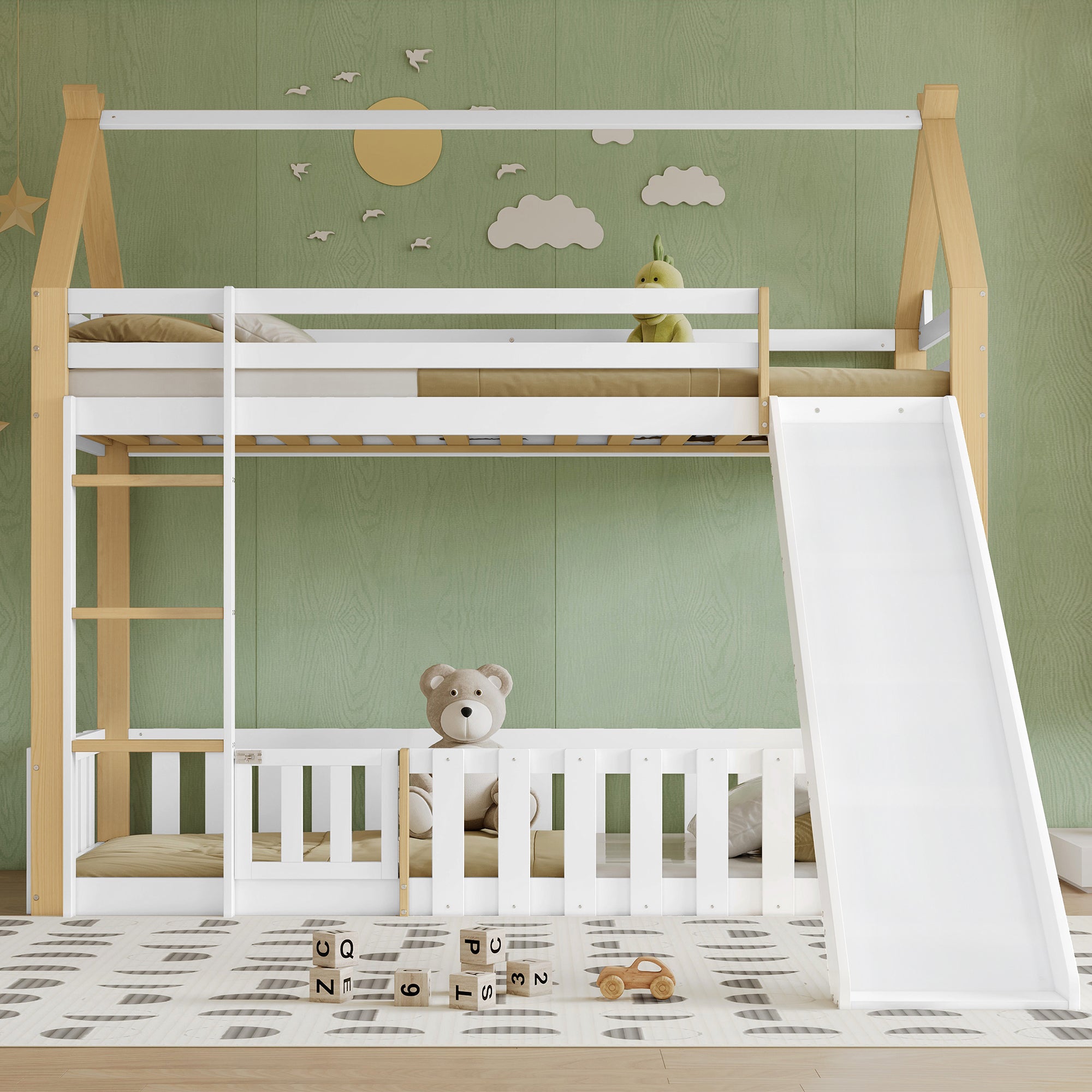 Logidon stapelbed met dakvorm en glijbaan 90x200 cm wit naturel