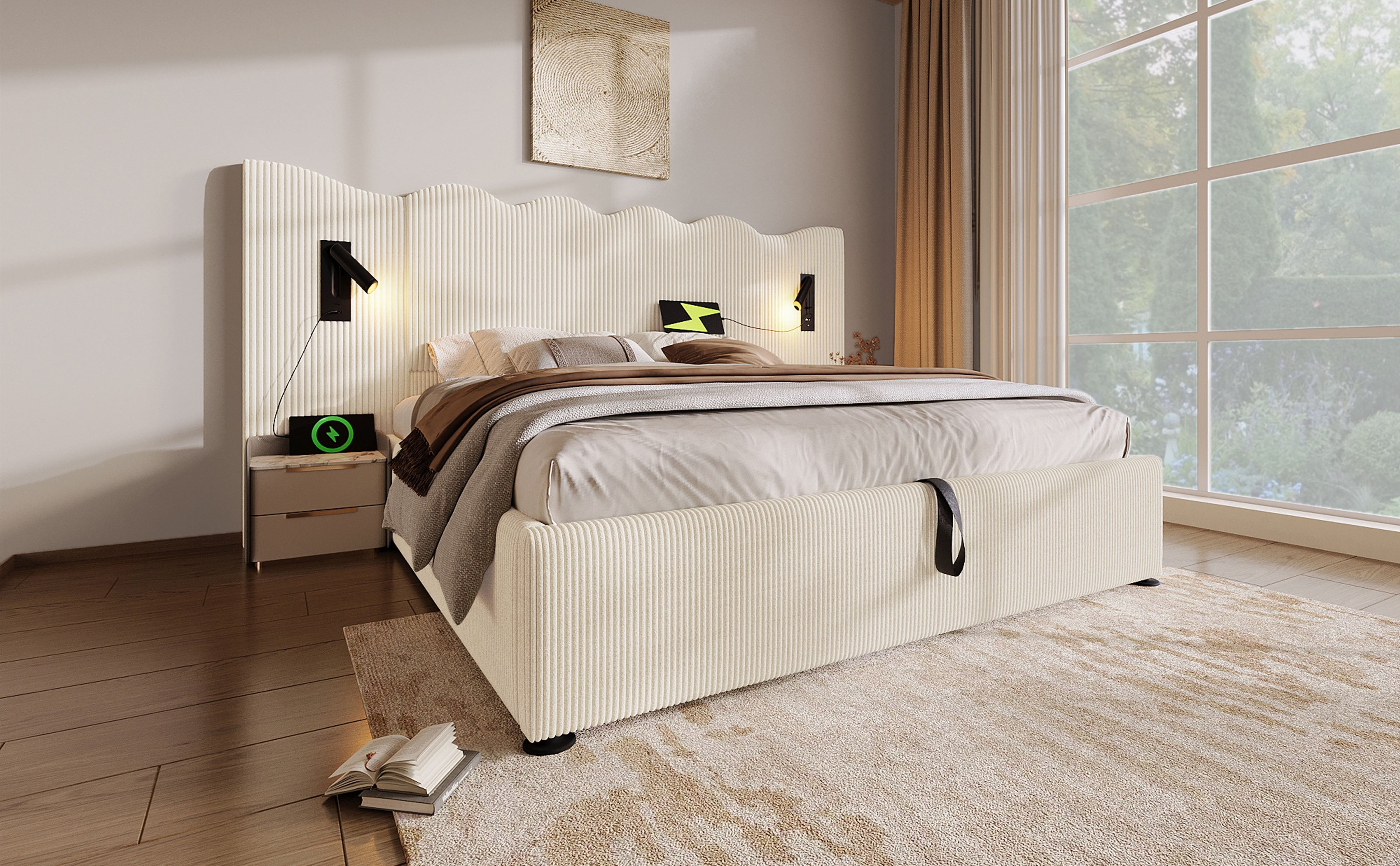 Logidon gestoffeerd bed tweepersoonsbed 180x200 beige-wit leeslamp USB-C opladen