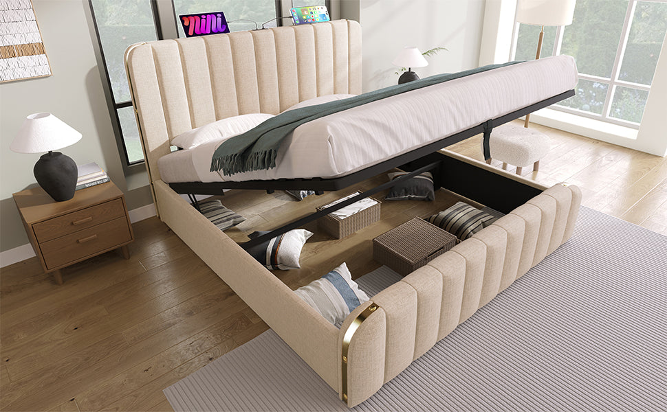 Logidon gestoffeerd bed 140x200 cm beige linnen USB Type-C oplaadfunctie hoofdeinde