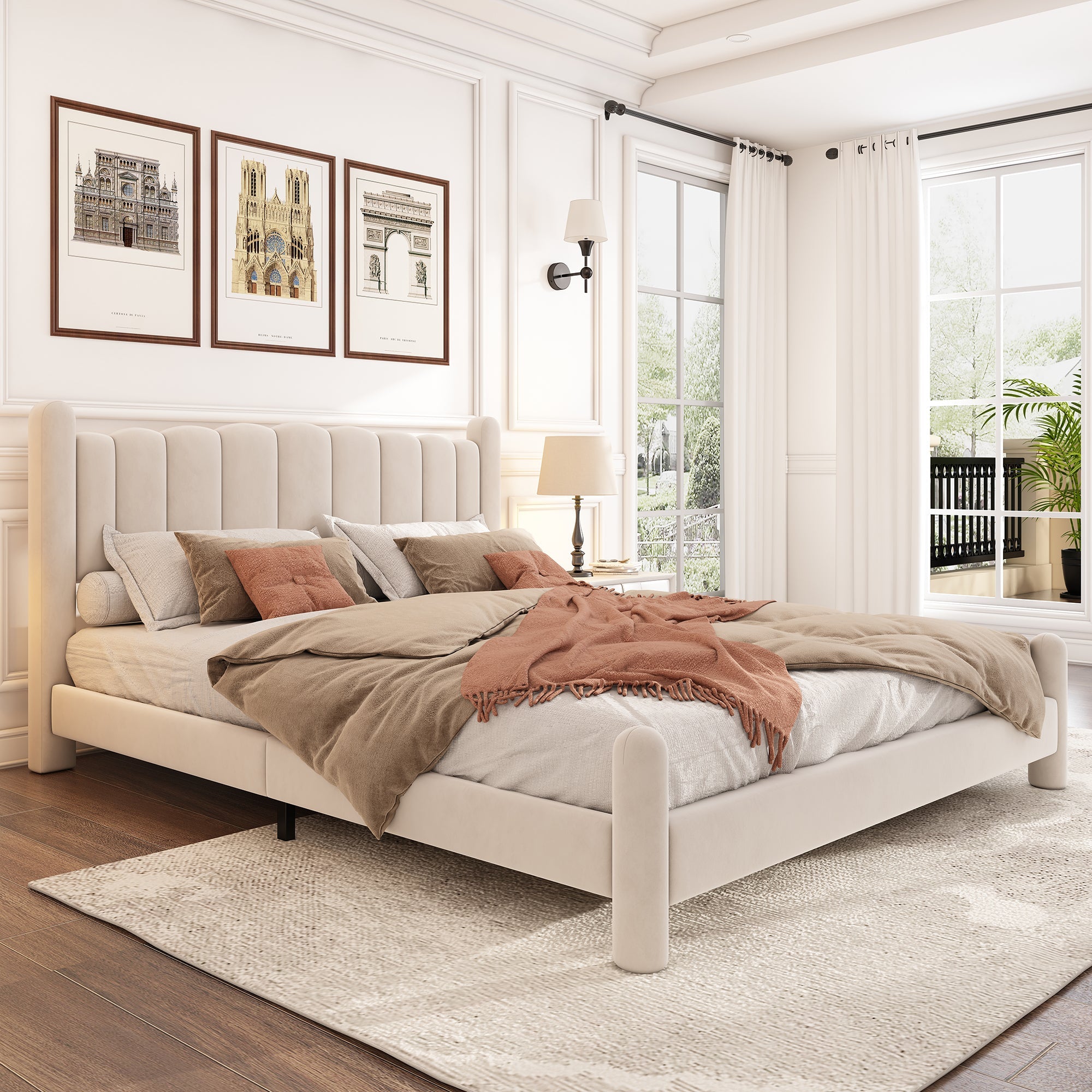 Logidon gestoffeerd bed 160x200 beige fluweel waaierhoofdeinde lattenbodem