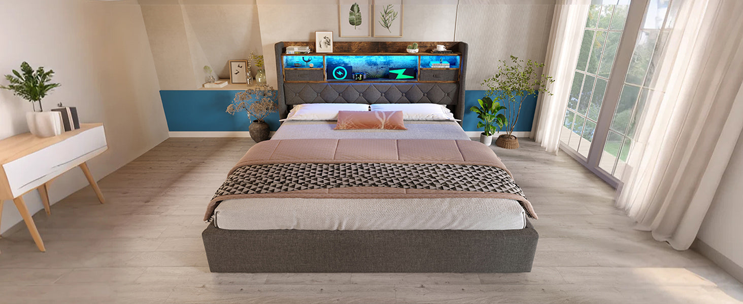 Logidon gestoffeerd bed 160x200 cm met opbergruimte, LED-hoofdbord, USB-C