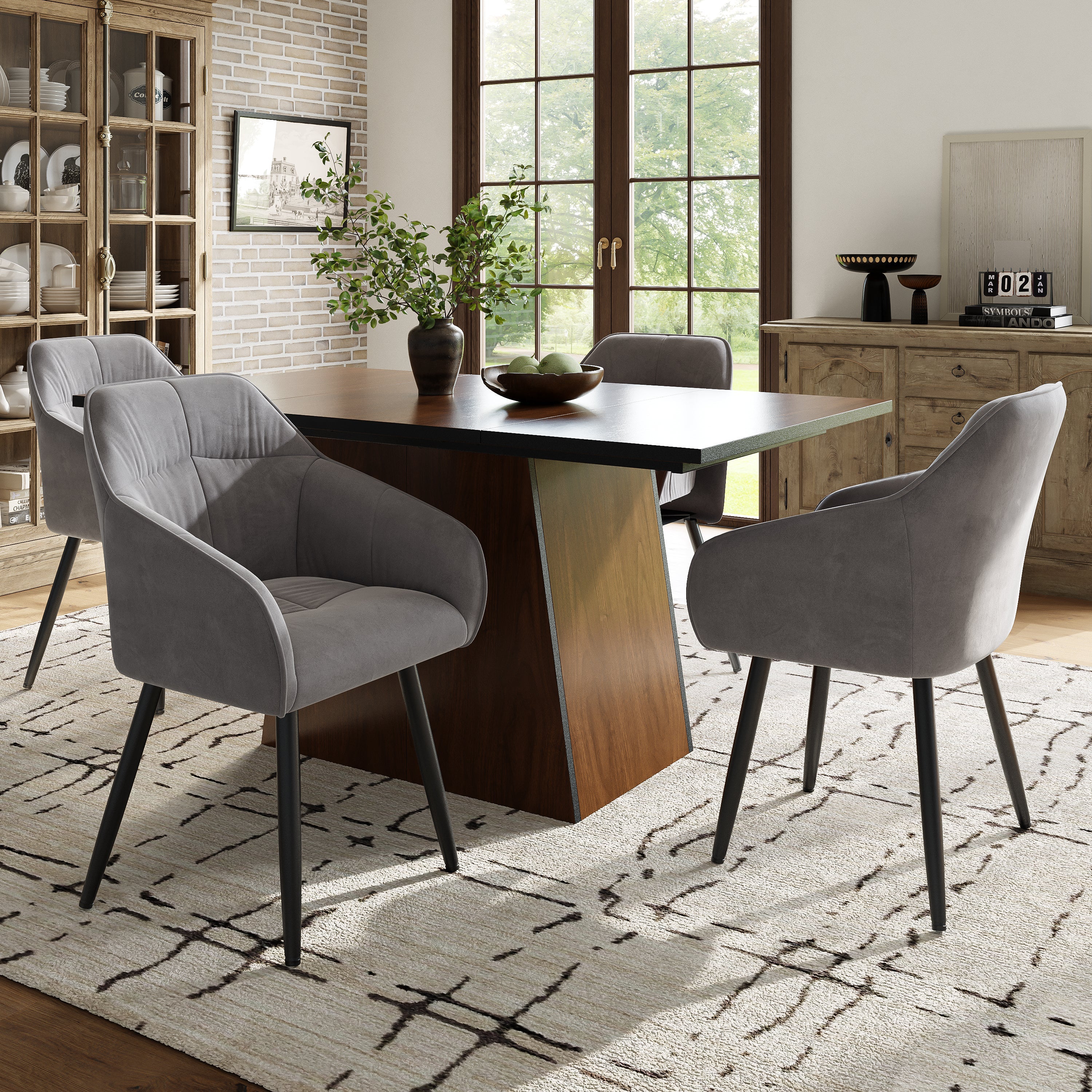 Logidon eettafelset 5-delig 138,5 x 80 cm met grijs fluwelen stoelen