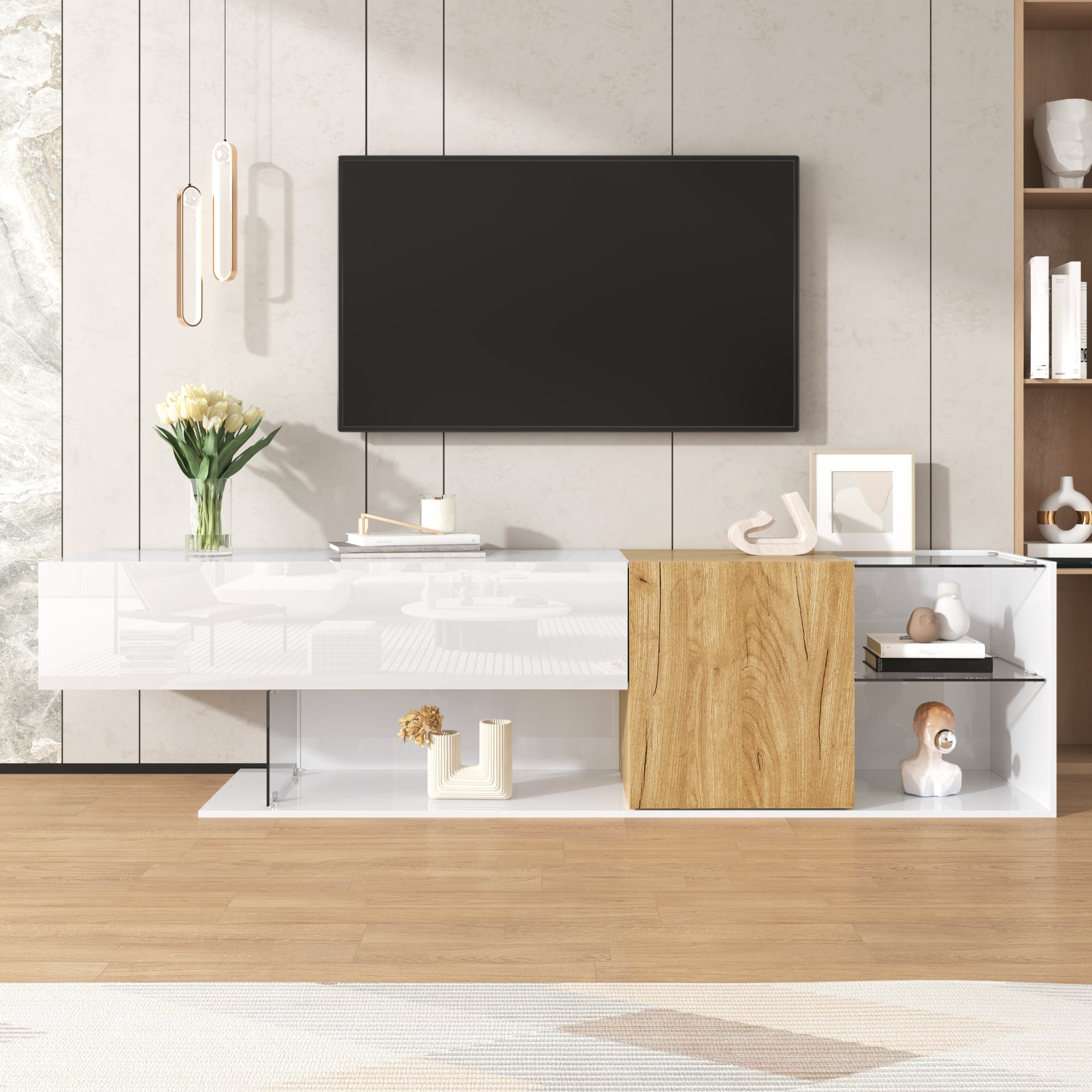 Logidon Modern TV-dressoir Wit Hoogglans Houtlook Glazen Planken 180cm