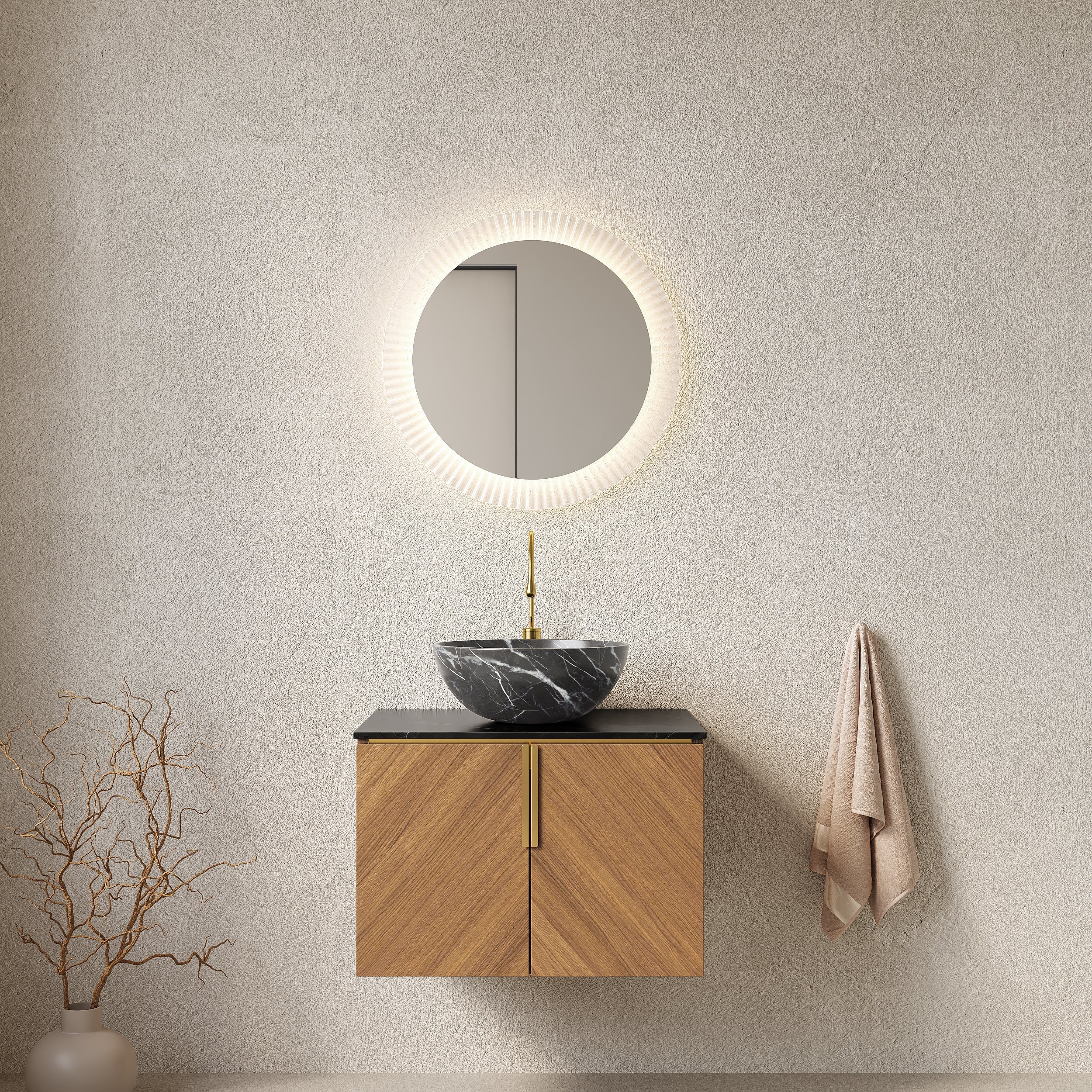 Logidon 61cm Wall Mounted Bathroom Furniture Black Ceramic Basin Stone Pattern