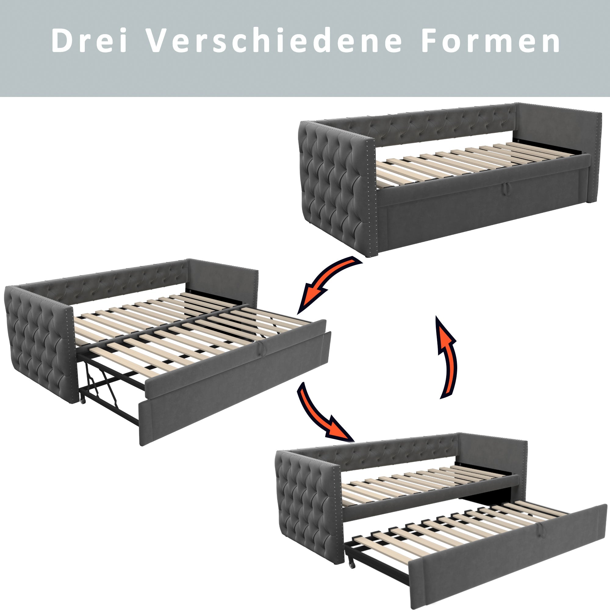 Logidon gestoffeerd bed uitschuifbare slaapbank 90x200 grijs met lattenbodem