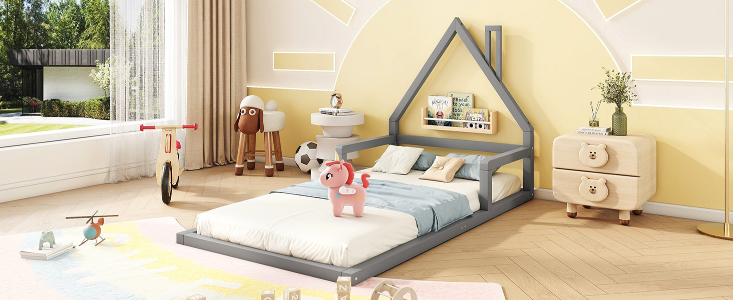 Logidon children's bed 90x200 cm flat bed house shape gray solid wood