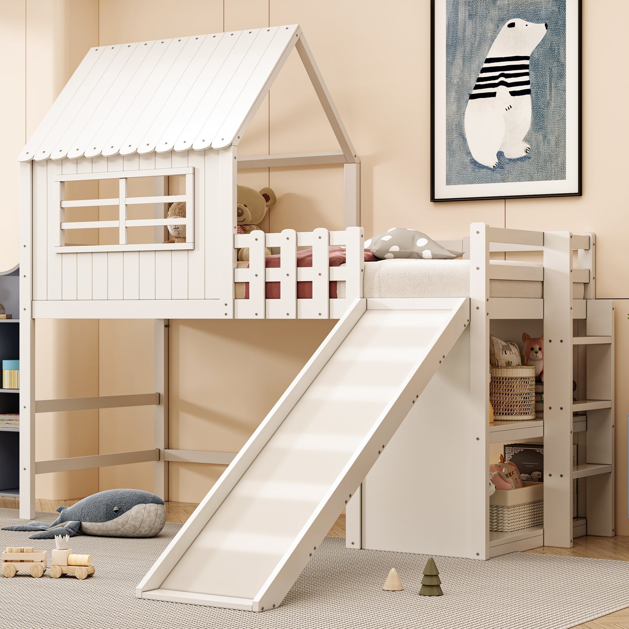 Logidon kinderbed 90x200 wit hoogslaper met ladderglijbaan