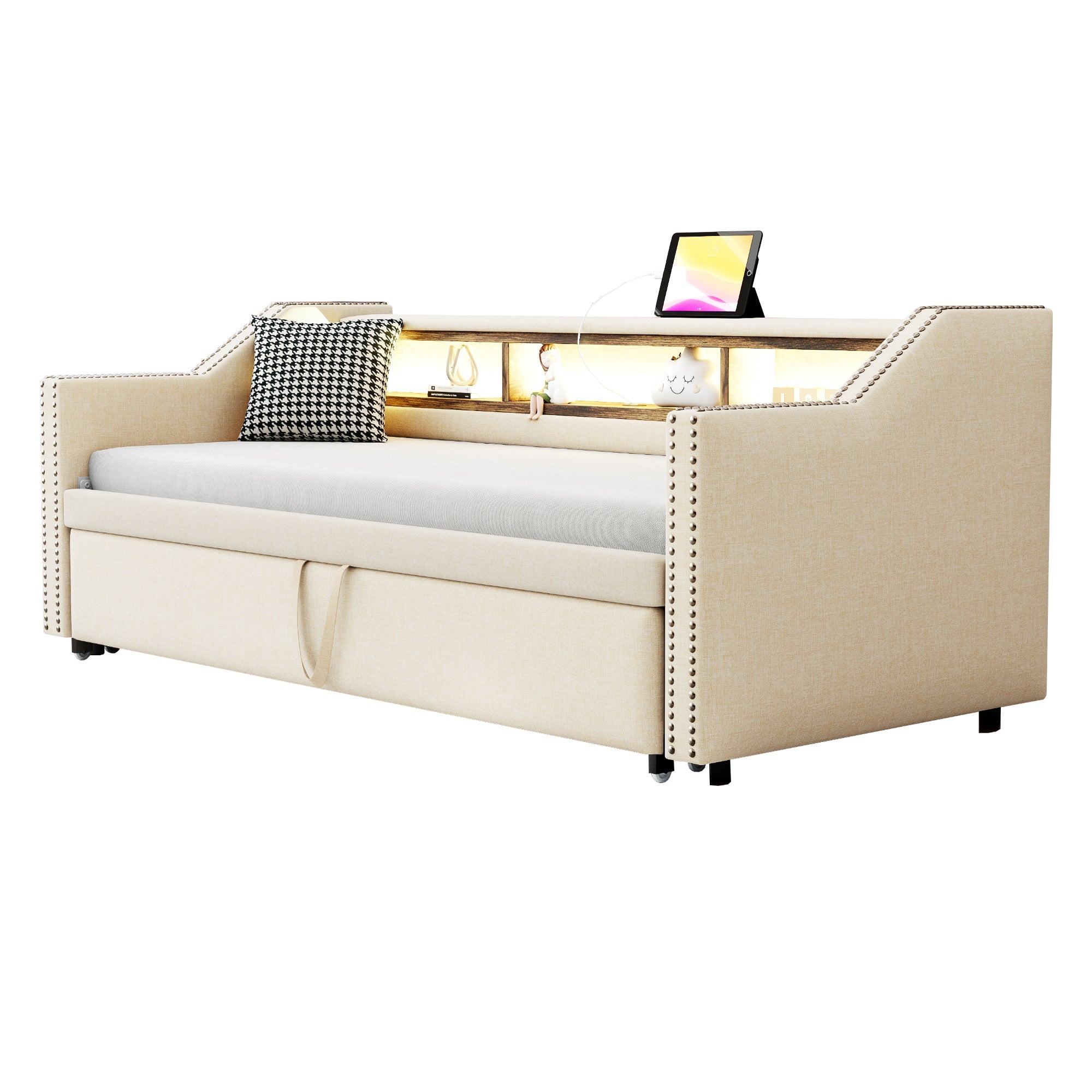 Logidon Upholstered Bed Extendable Sofa Bed 90/180 X 190 Beige Storage Compartment