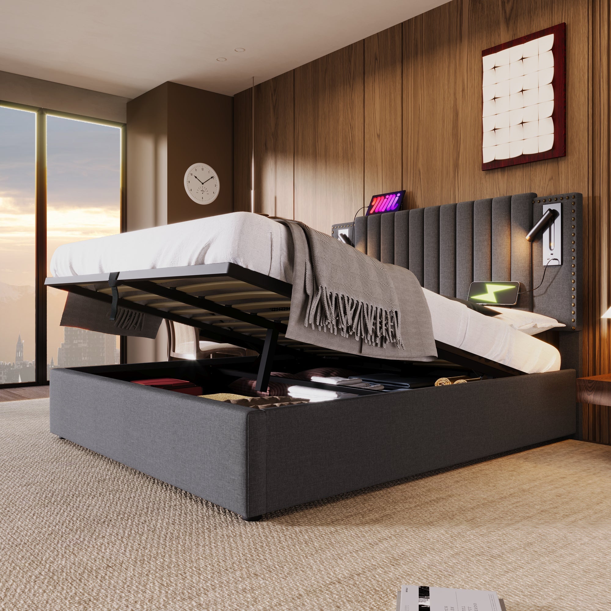 Logidon gestoffeerd bed 180x200 grijs met opbergruimte en USB-oplaadfunctie