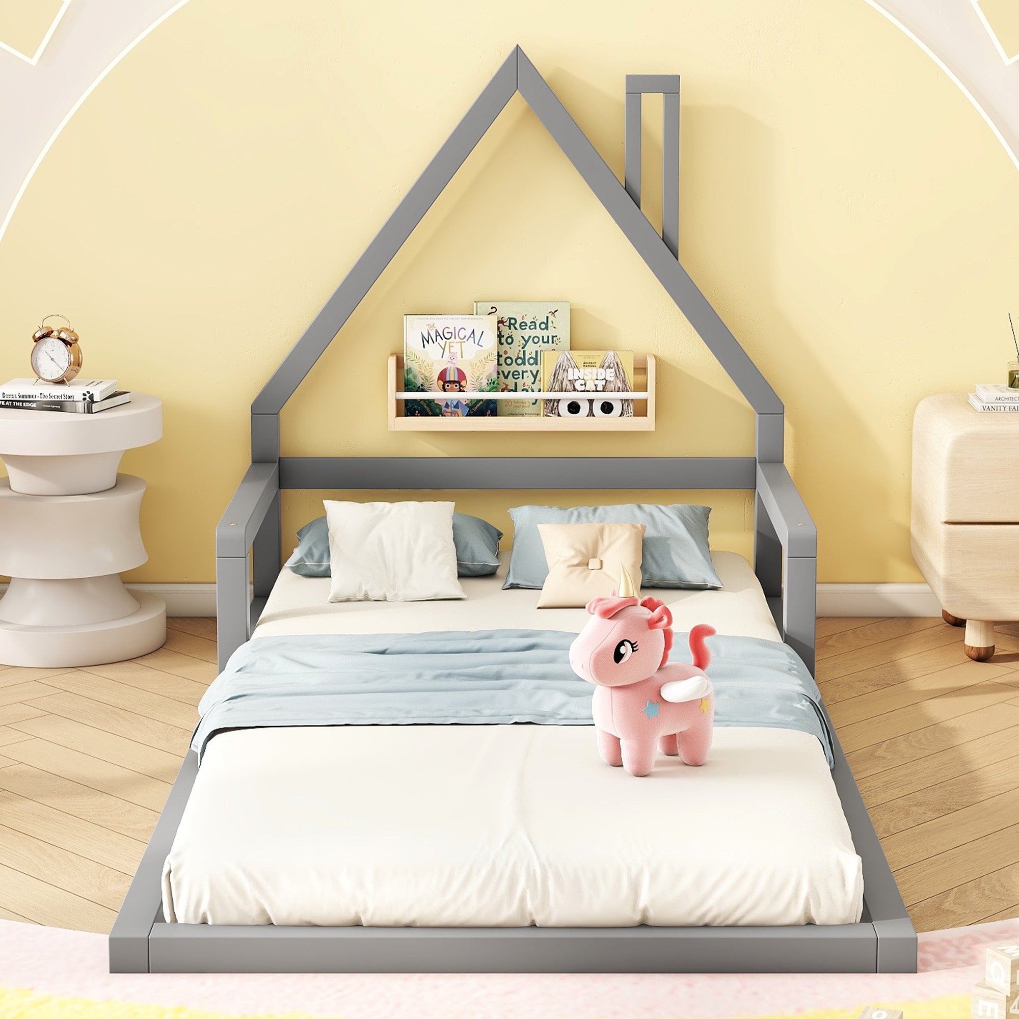 Logidon children's bed 90x200 cm flat bed house shape gray solid wood