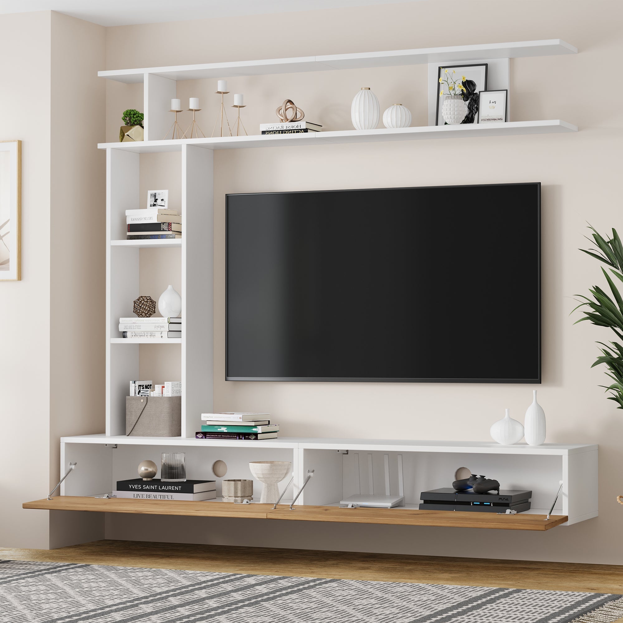 Logidon TV wandmeubel 180 cm wit houtlook met vitrinekasten