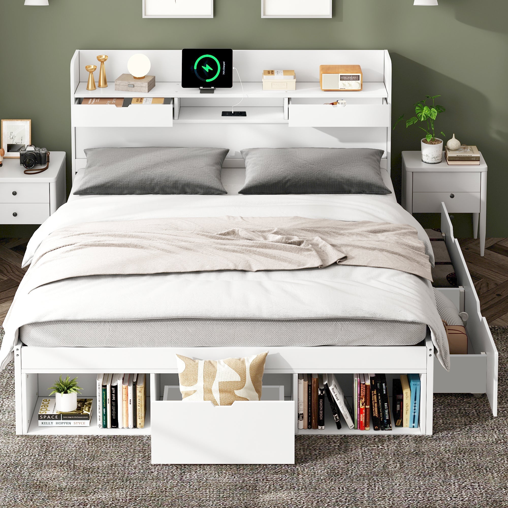 Logidon bed 135x190 cm met USB oplaadpunt en opbergruimte wit