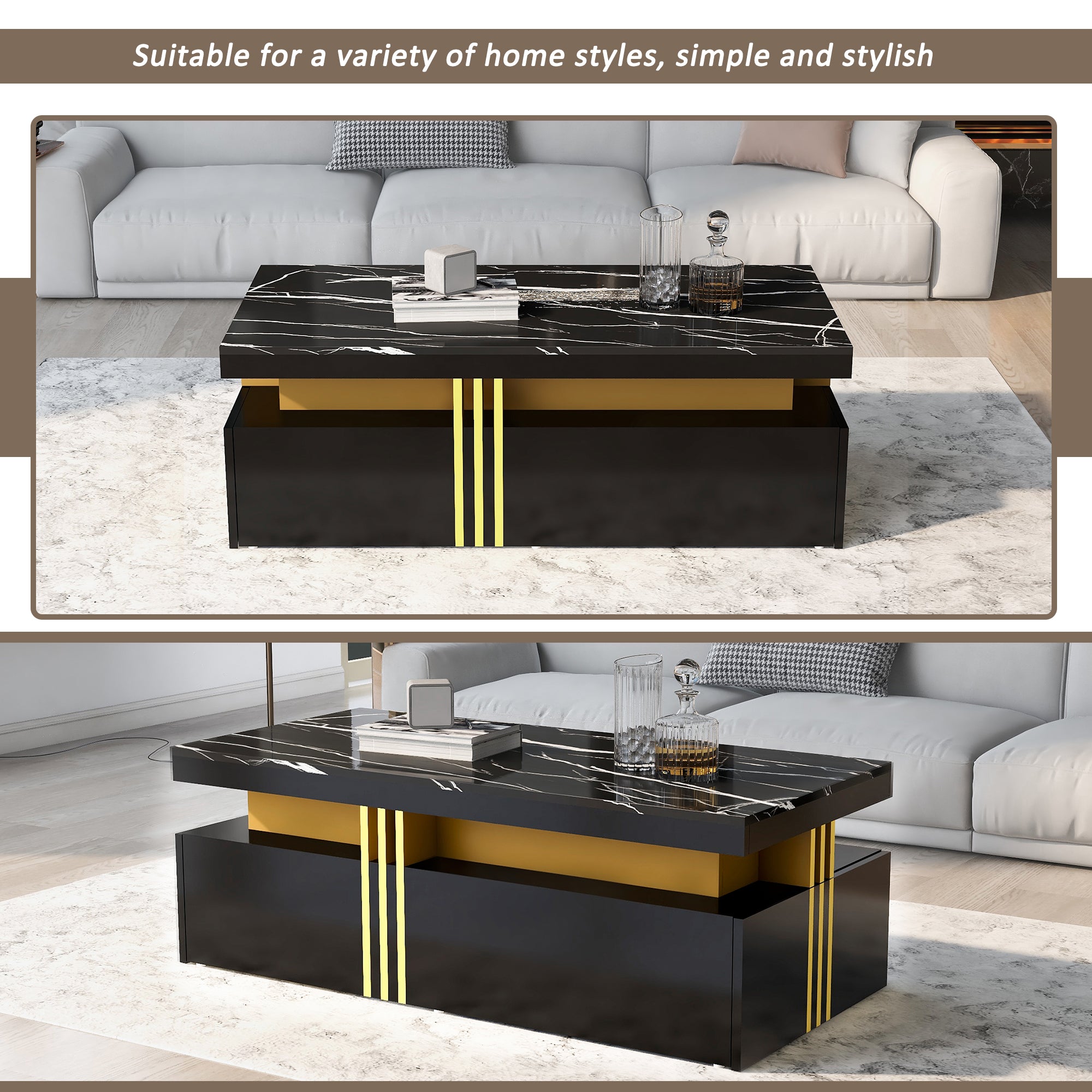 Logidon Zwarte tv-wandmeubelset 2 tv-kast salontafel marmerlook