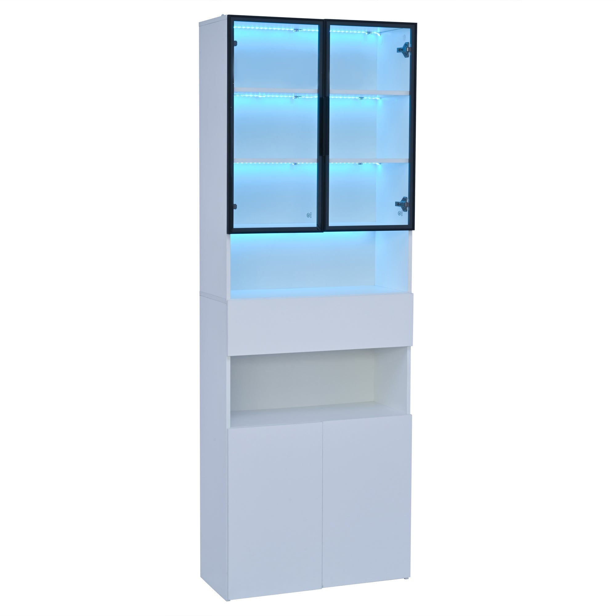 Logidon vitrinekast 70x30x200 cm witte LED glazen vitrinekast met lade