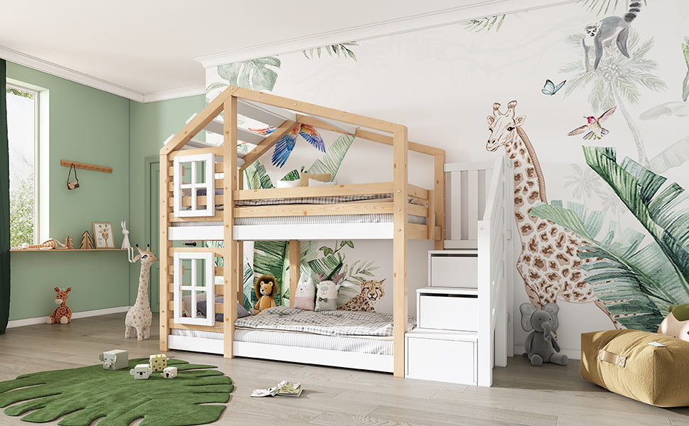 Logidon kinderbed boomhut 90x200 naturel wit valbeveiliging
