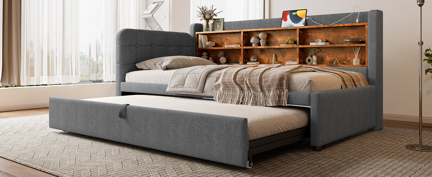 Logidon Daybed 90x200cm grijs linnen uitschuifbare slaapbank USB Type C