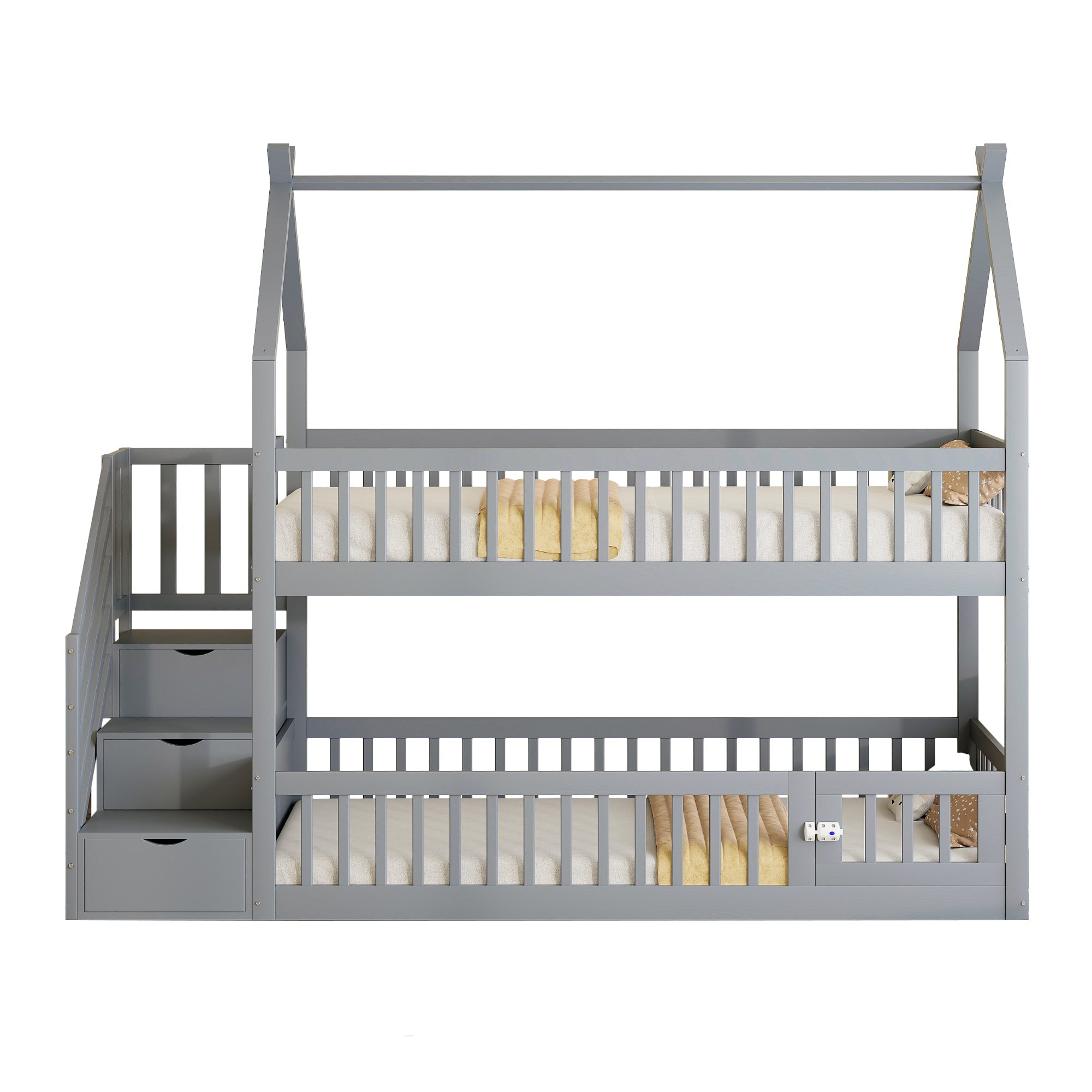 Logidon Bunk Bed 90x200 Gray With Roof Safety Stairs Storage Space