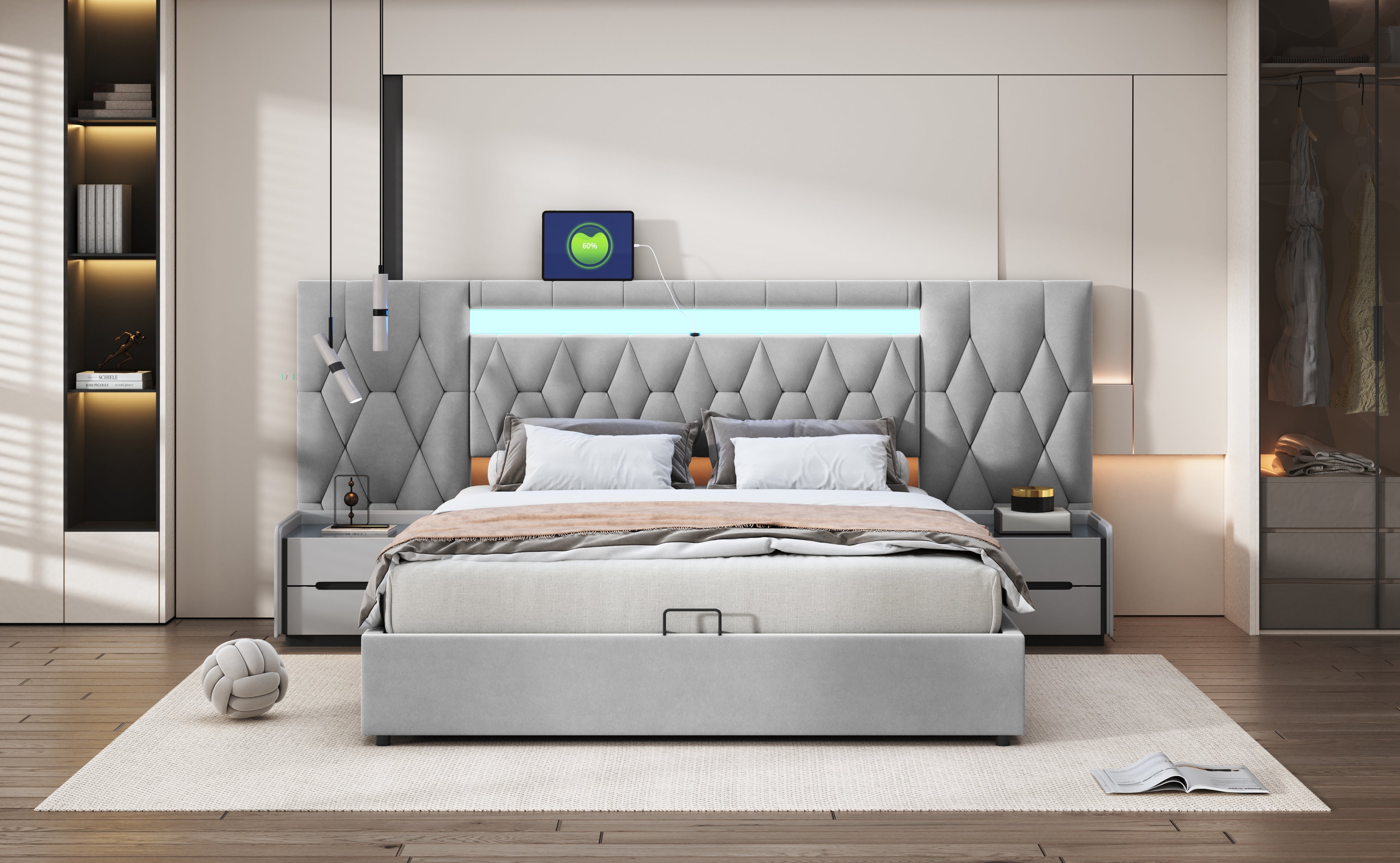 Logidon Elegant gestoffeerd bed 160x200 grijs met LED en USB opbergruimte