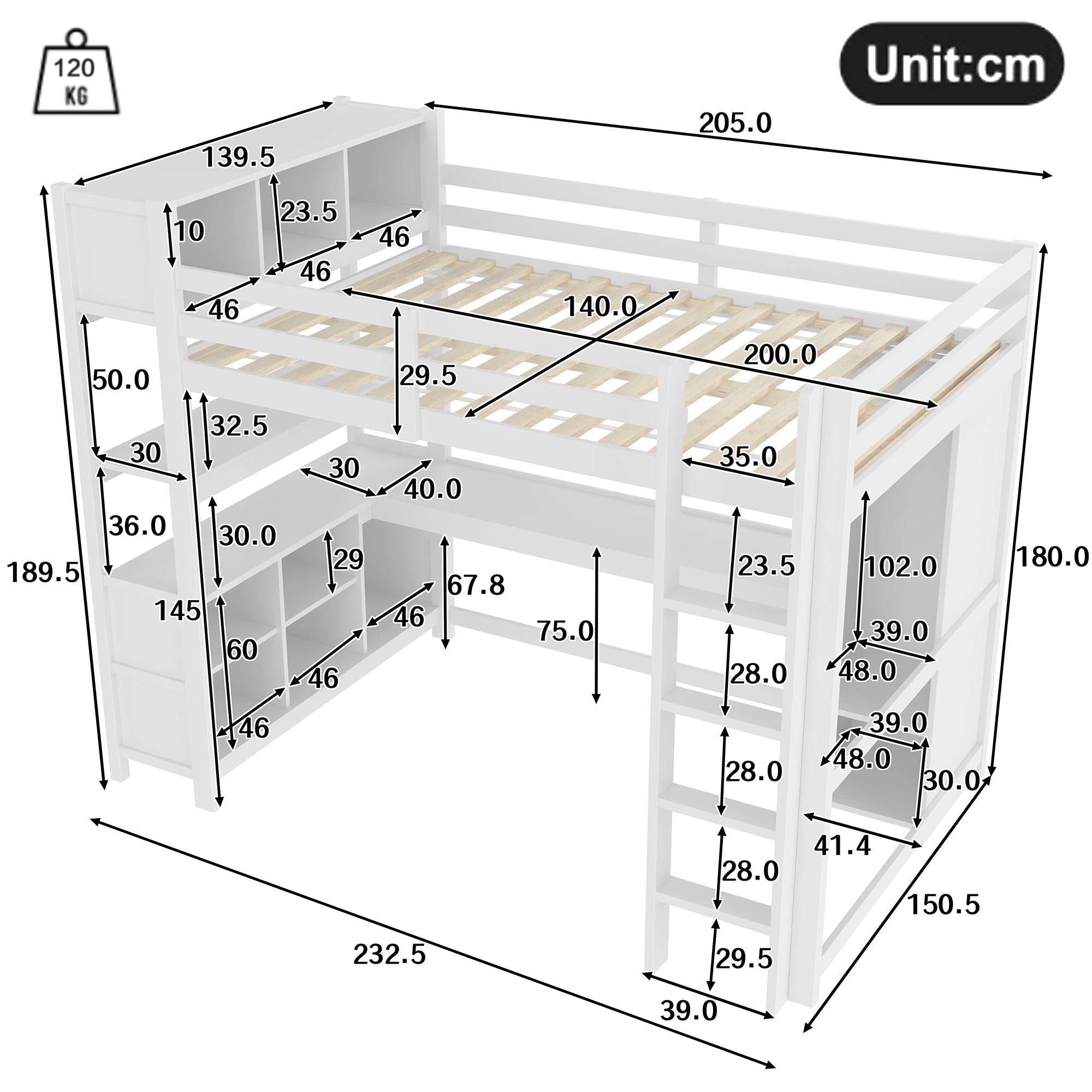 Logidon hoogslaper 140x200 cm met bureau en planken wit