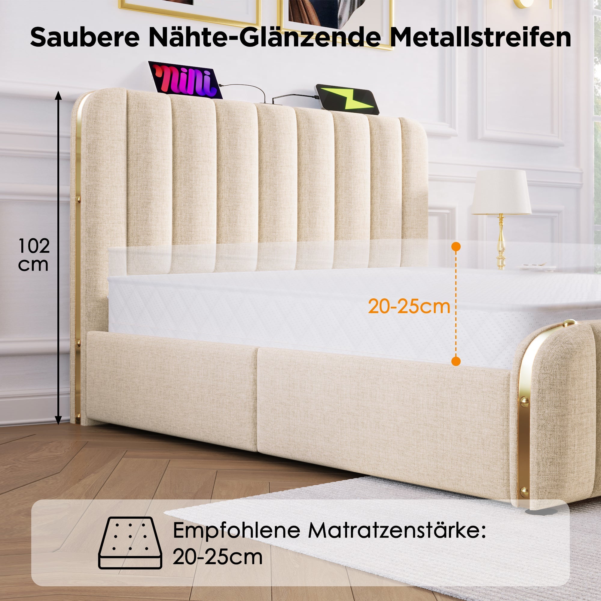 Logidon gestoffeerd bed 160x200 beige met USB oplaadfunctie en 4 lades
