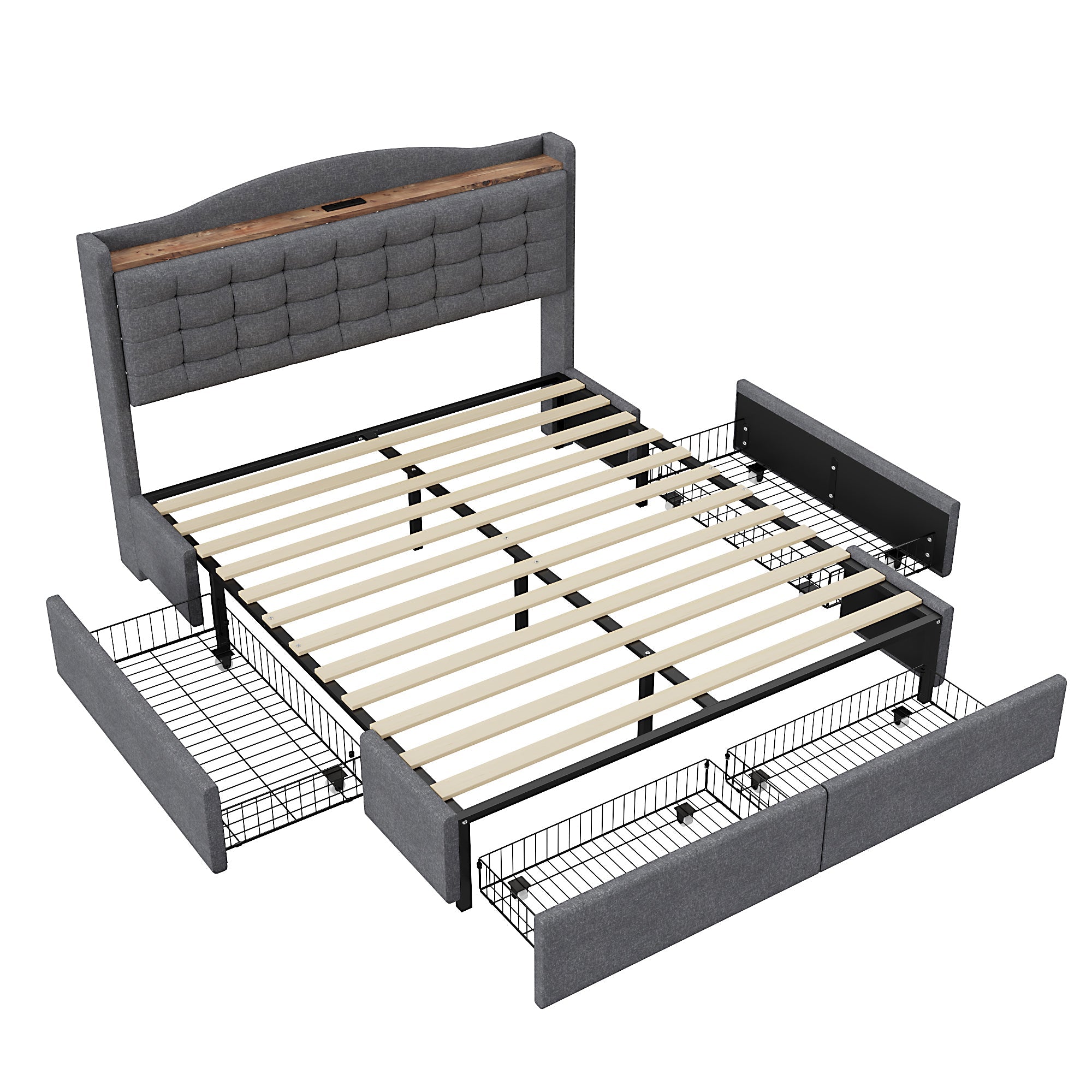 Logidon upholstered bed 160x200 cm gray with USB charging port and shelf