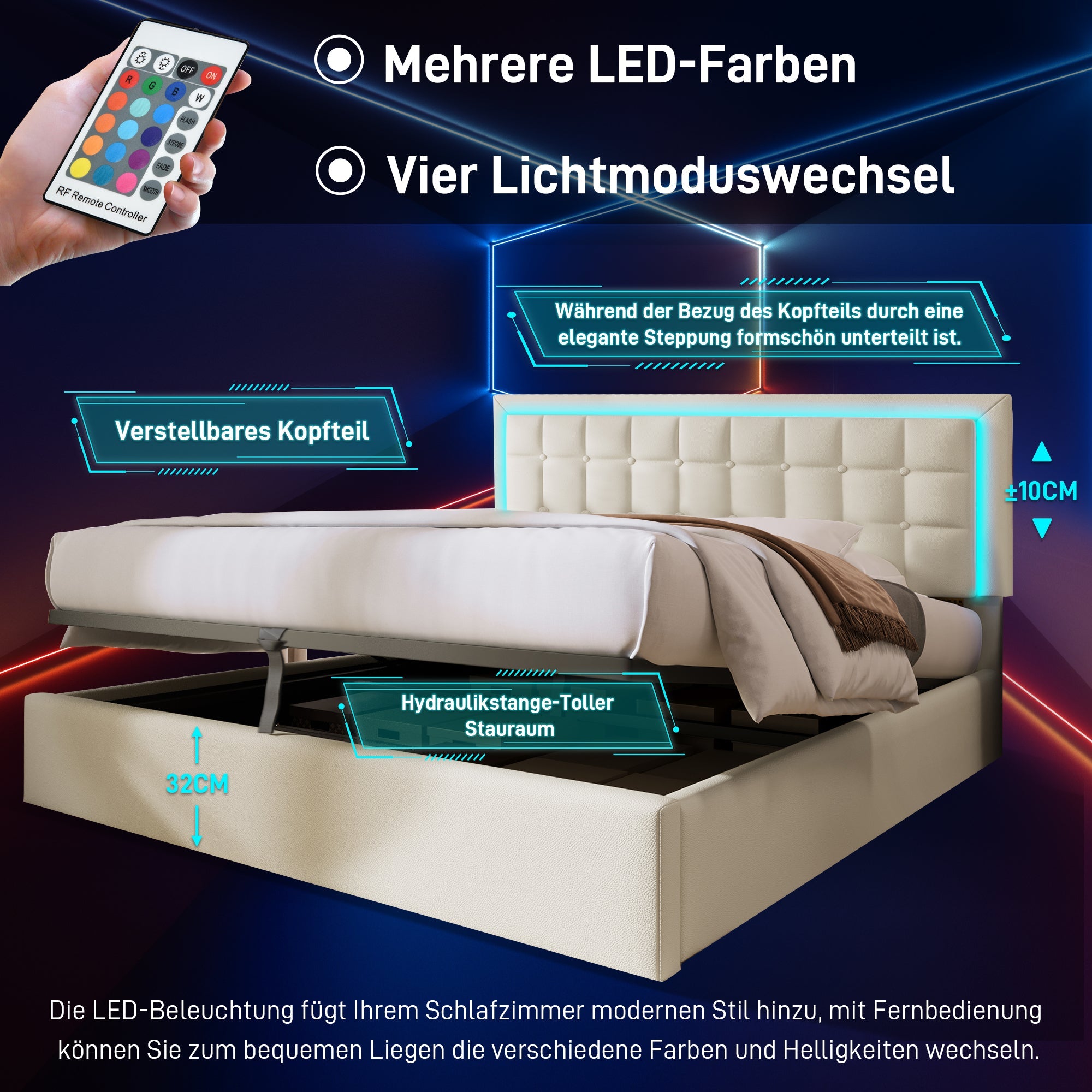 Logidon gestoffeerd bed met lattenbodem en opbergruimte wit 180x200 kunstleer