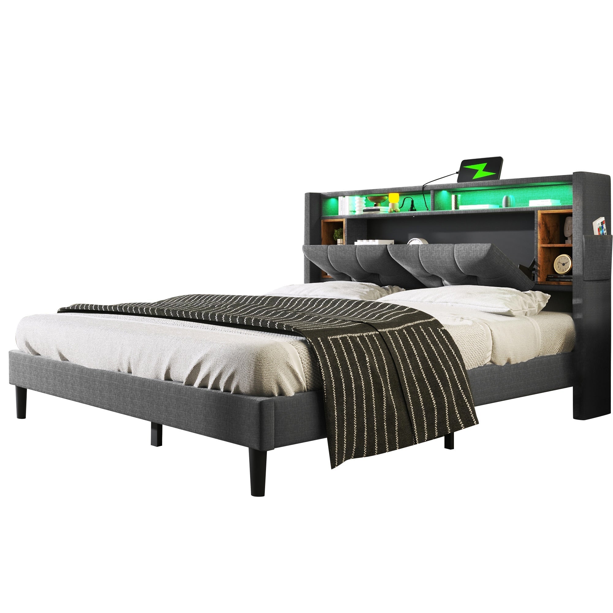 Logidon gestoffeerd bed tweepersoonsbed opbergruimte hoofdbord USB LED grijs 140x200