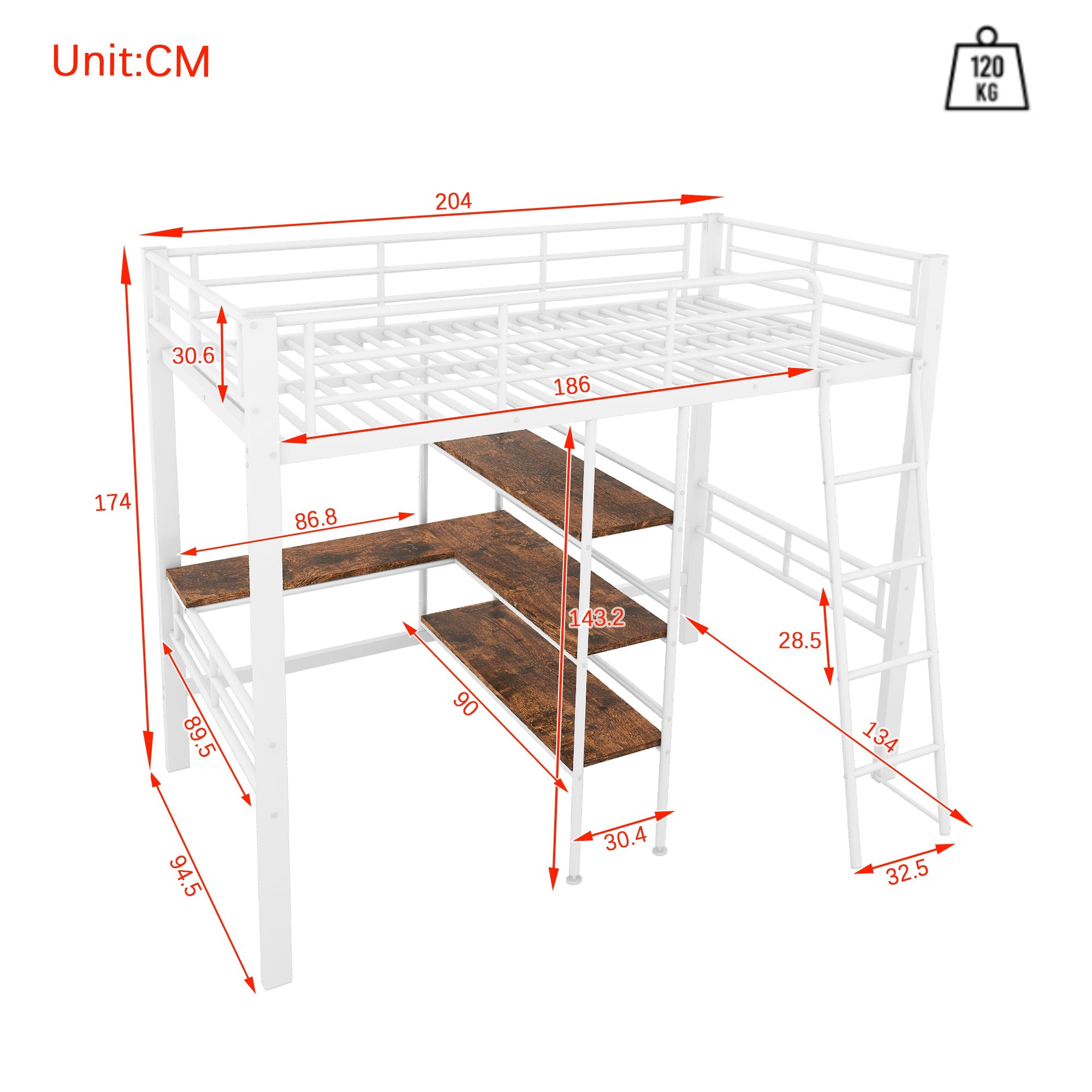 Logidon hoogslaper 90x200 cm wit met bureau en planken