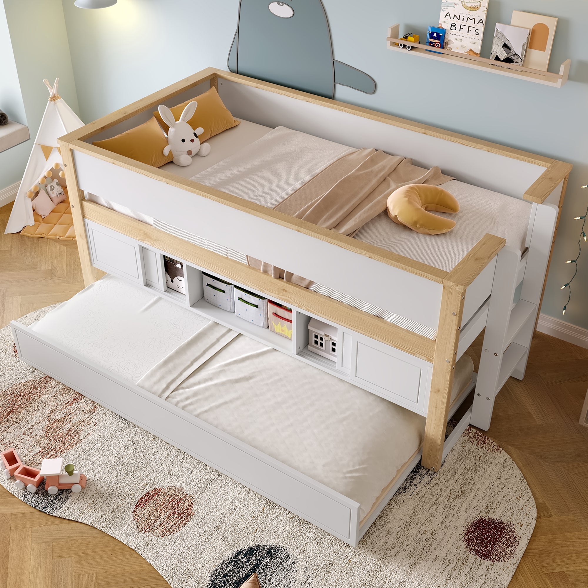 Logidon halfhoogsbed 90x200 wit naturel met onderschuifbed en opbergruimte