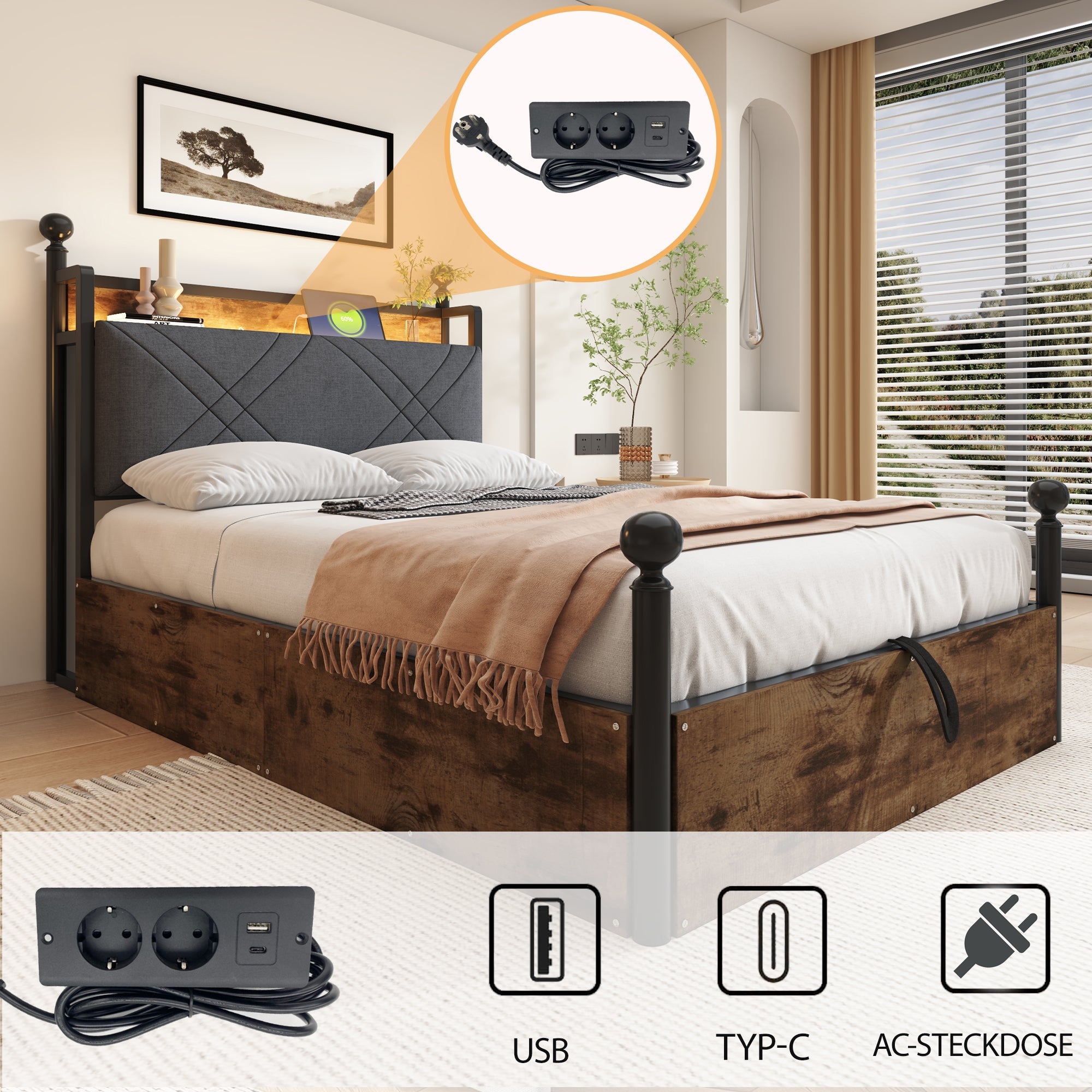 Logidon hemelbed 90x190 zwart met opbergruimte hydraulisch LED USB-C