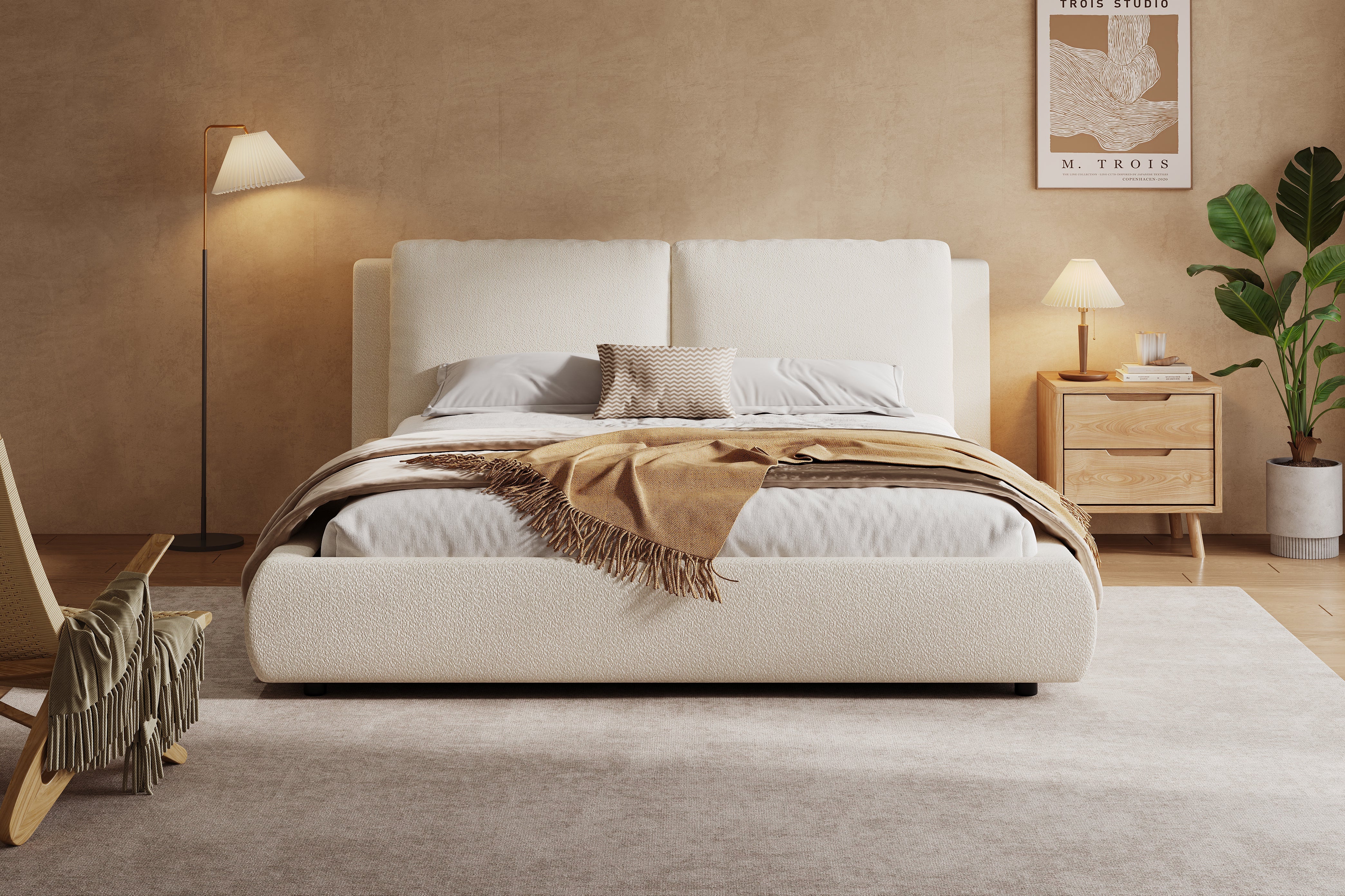Logidon gestoffeerd bed 180x200 cm met opbergruimte en hydrauliek beige bouclé