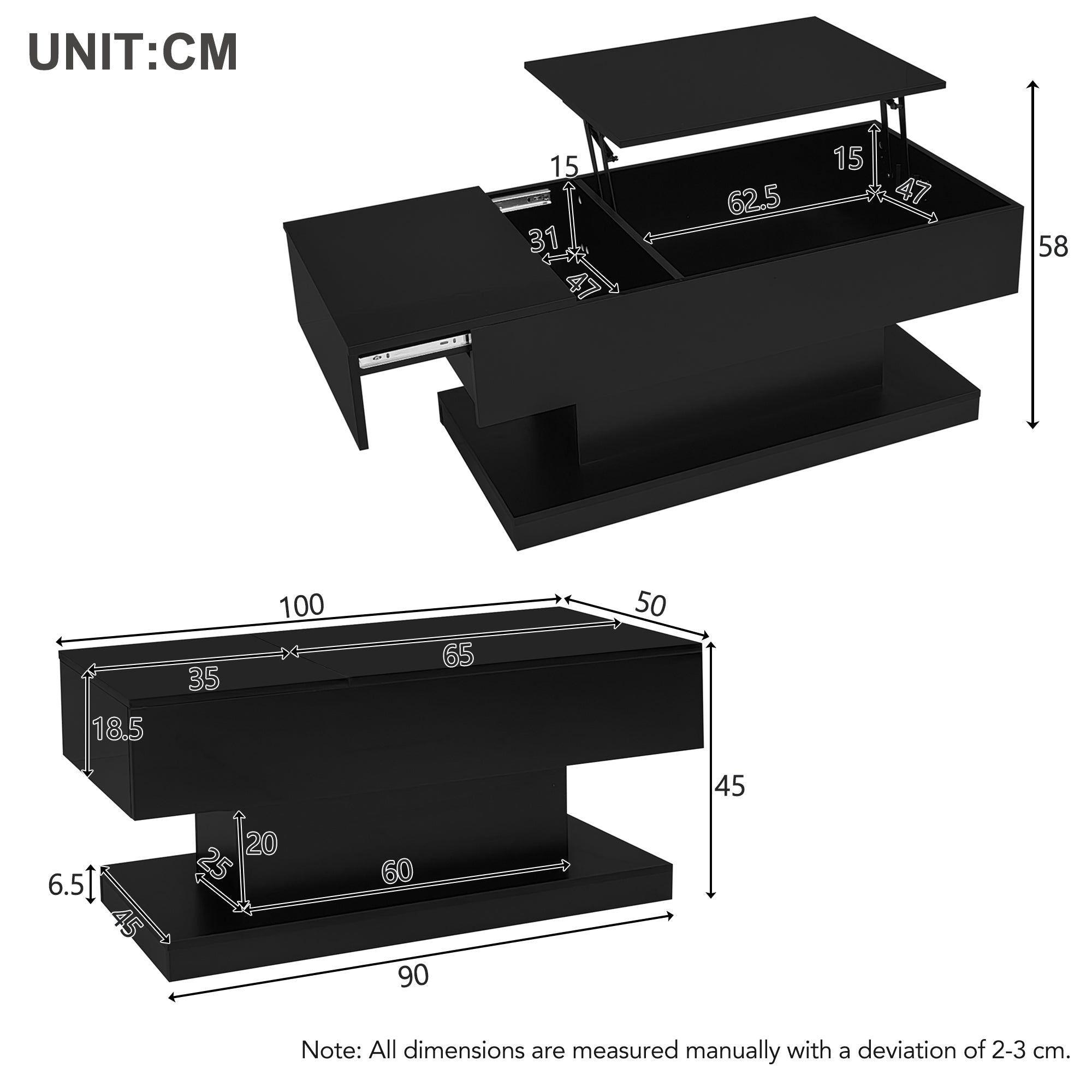 Logidon hoogglans liftsalontafel zwart 100x50x45 cm LED-verlichting